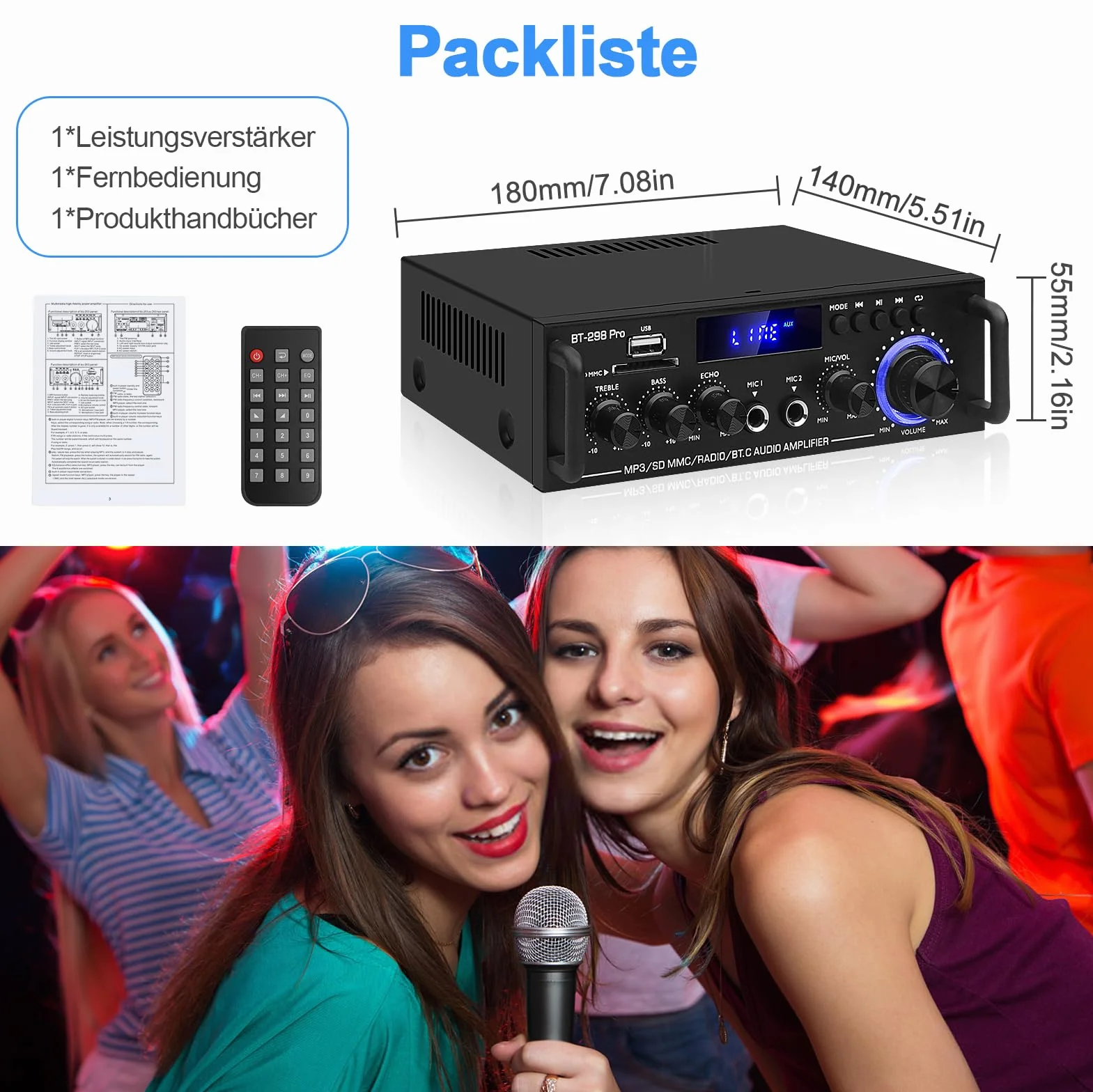 Wzmacniacz audio stereo HiFi, 2.0-kanałowy wzmacniacz głośnika Bluetooth 5.0, BT-298pro 50Wx2 Max 600 W Mini wzmacniacz samochodowy cyfrowy odbiornik mocy HiFi z Echo, MIC, USB, FM