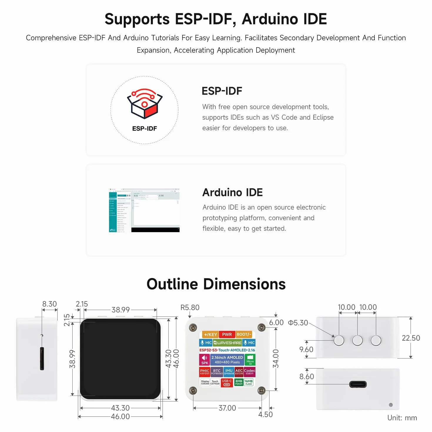 Waveshare ESP32-S3 2.16inch AMOLED Display Development Board, 480 x 480 Resolution, 16.7M Color, Supports Dual Microphones, 2.4GHz Wi-Fi And BLE 5, No Batt