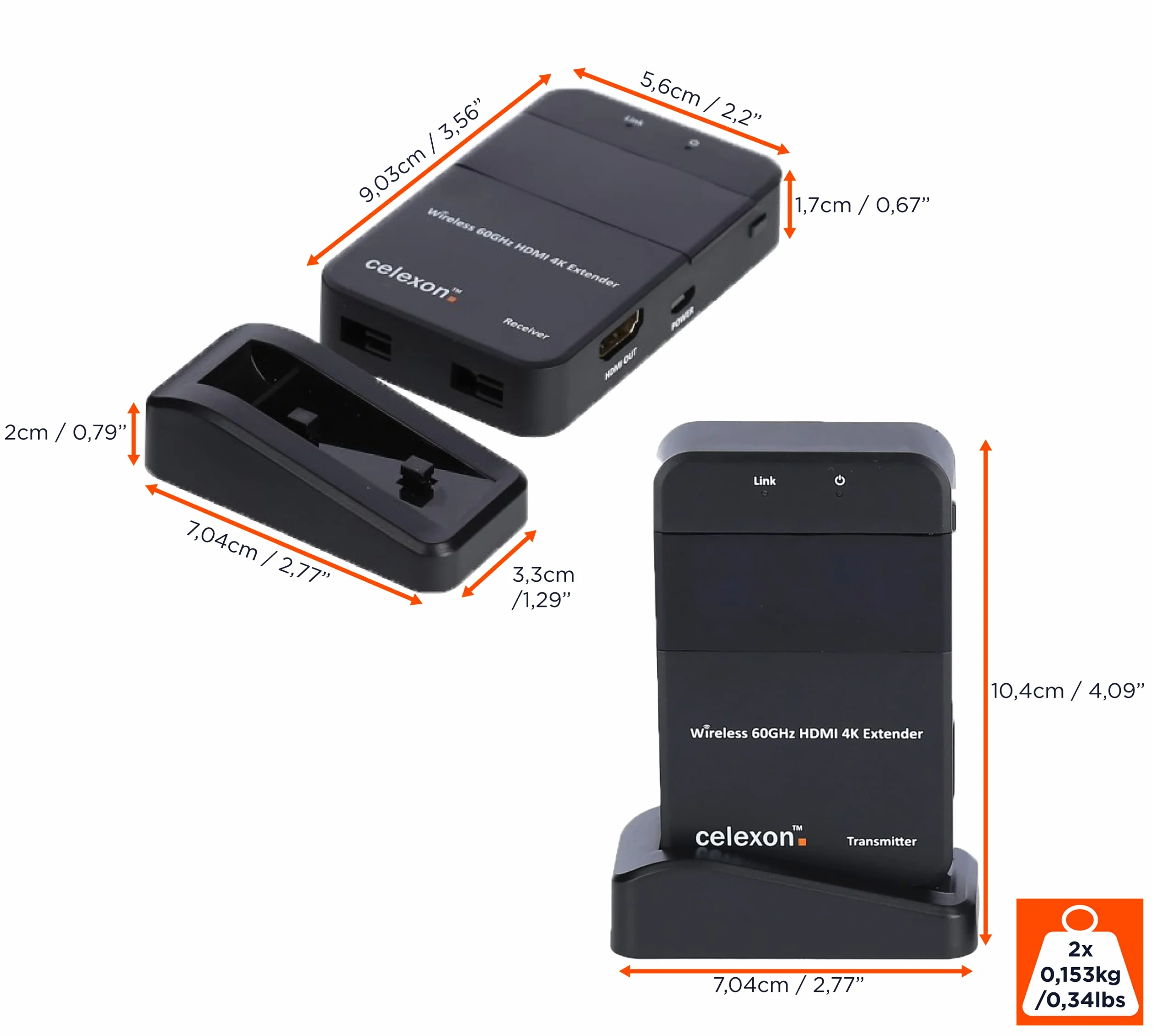 celexon Expert Zestaw radiowy HDMI WHD30M bezprzewodowa transmisja multimediów do 30 m - Rozdzielczość 4K UHD - 3D, WiHD 1.1, Dolby True HD, DTS-HD, LPCM...