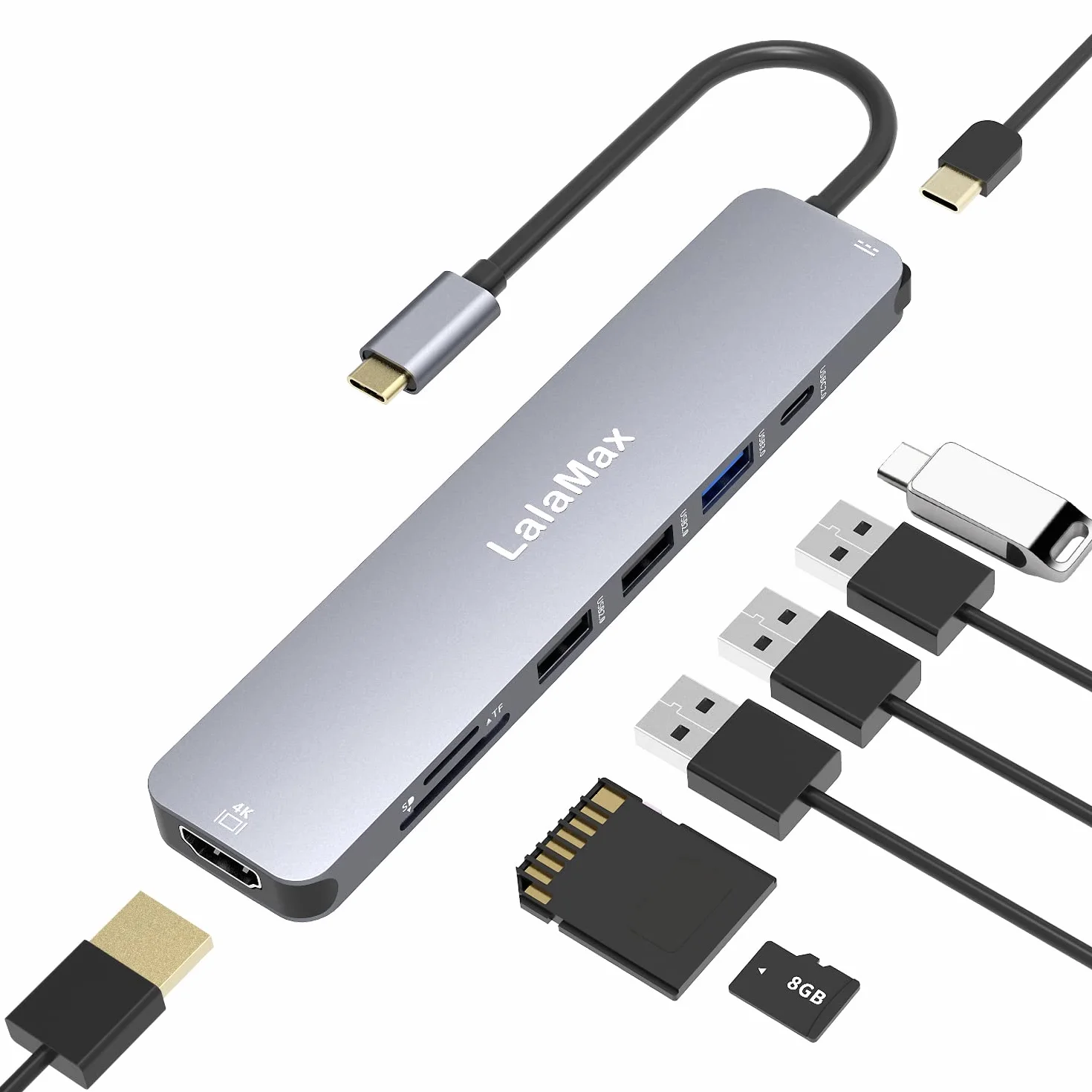 Hub USB C, LalaMax typ C Hub 8 w 1 wieloportowy adapter do MacBooka, USB C na HDMI4K60 SD TF USB3.0 USB2.0 USB C klucz daty