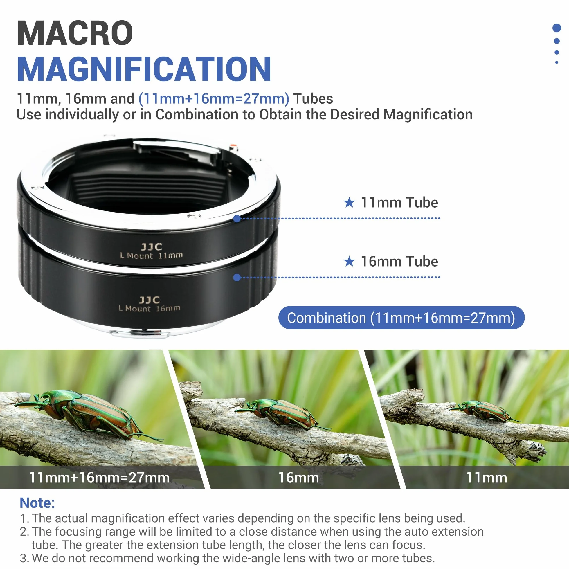 JJC Rurka przedłużająca makro (11 mm + 16 mm) autofokus do aparatów Panasonic/Sigma/Leica z mocowaniem L do obiektywów, fotografia makro z bliska - zestaw pierścieni przedłużających, korpusu i tylnej