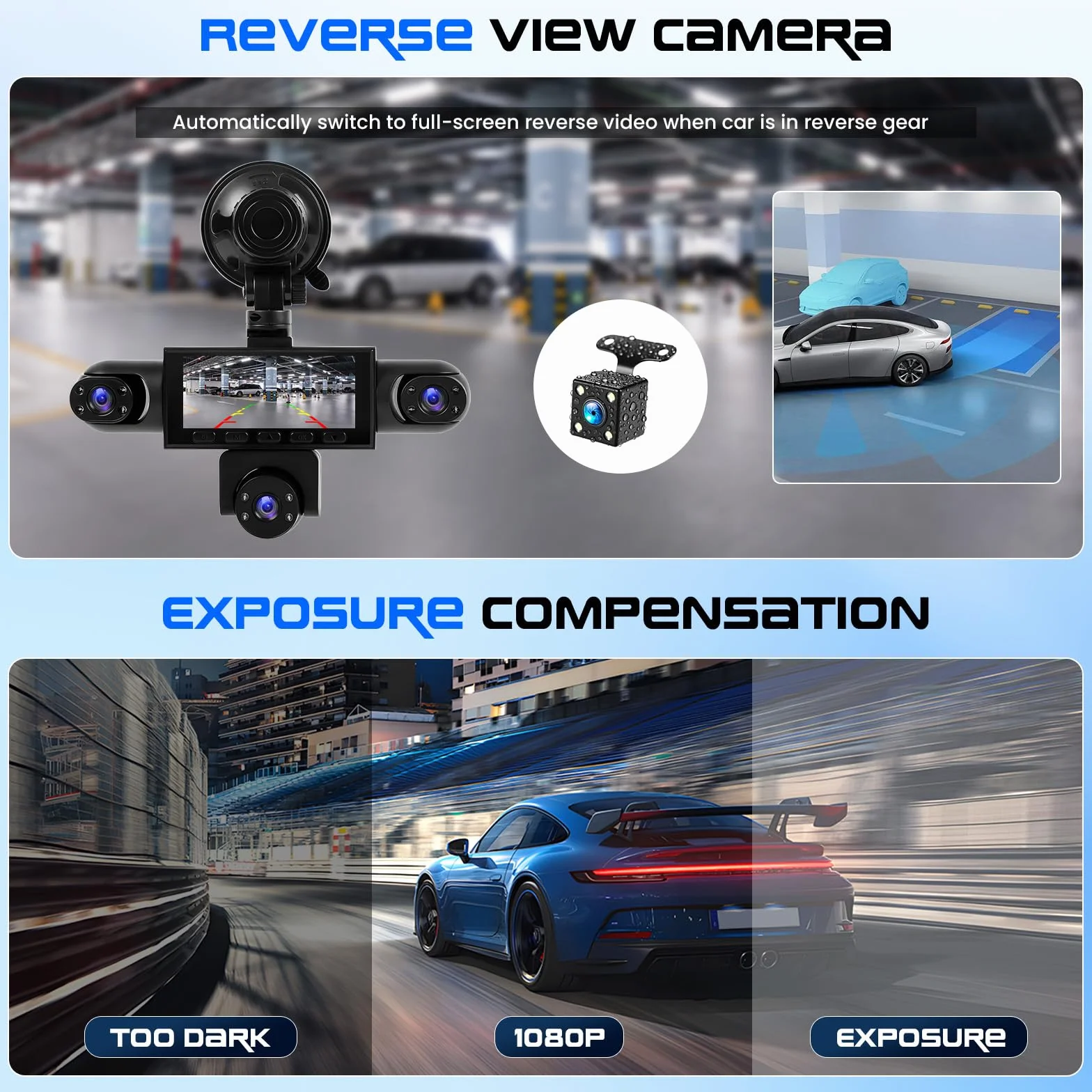 CAMECHO 5-kanałowa dashcam z widzeniem nocnym 1080P obrotowa o 360° kamera samochodowa przód i tył 3,16″ tryb postojowy asysta przy cofaniu nagrywanie cykliczne wykrywanie ruchu