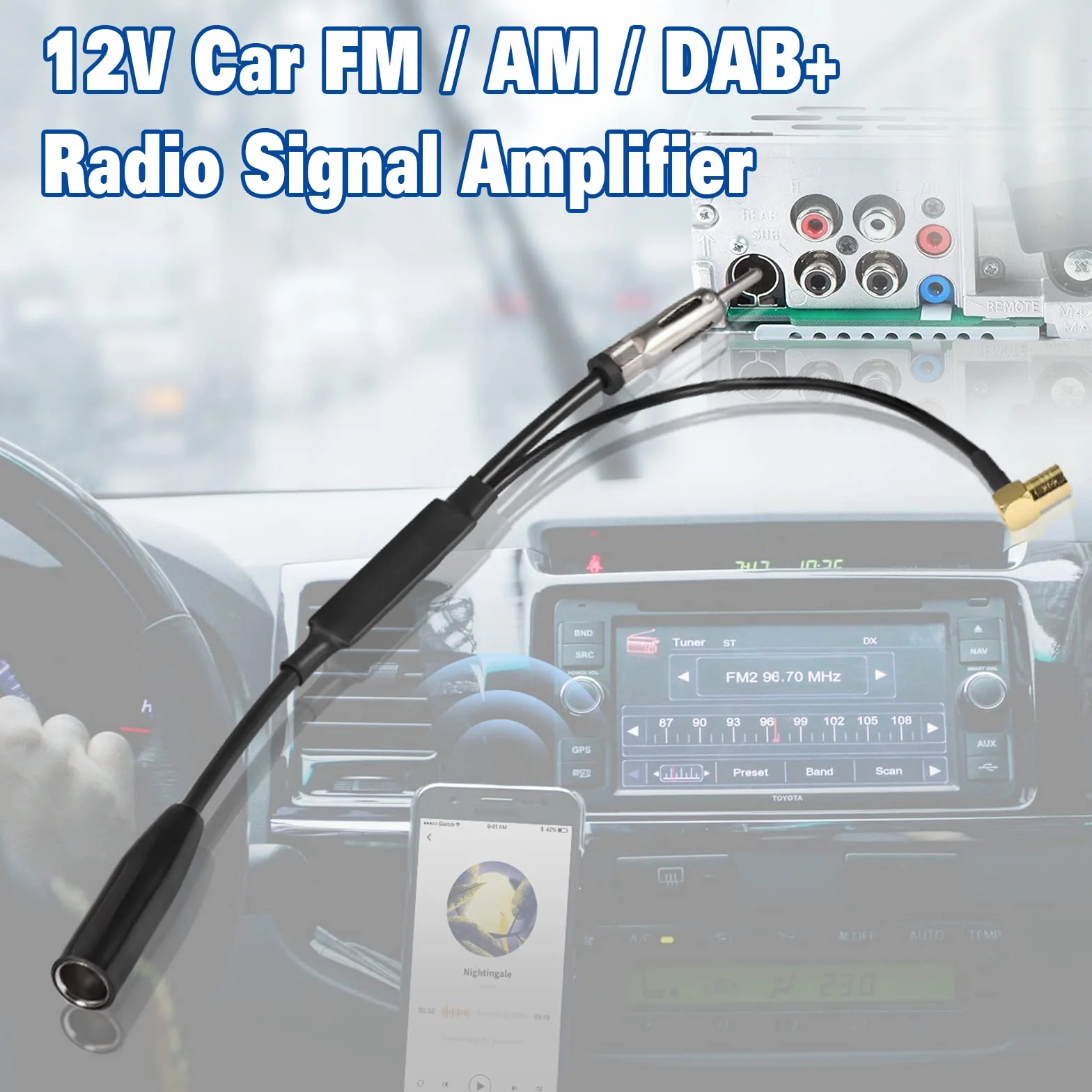 Eightwood Adapter anteny radia samochodowego kabel DIN żeński na DIN męski + złącze SMB 12 V + aktywny AM FM DAB rozdzielacz sygnału wzmacniacz sygnału anteny samochodowej zamiennik na rynku wtórnym