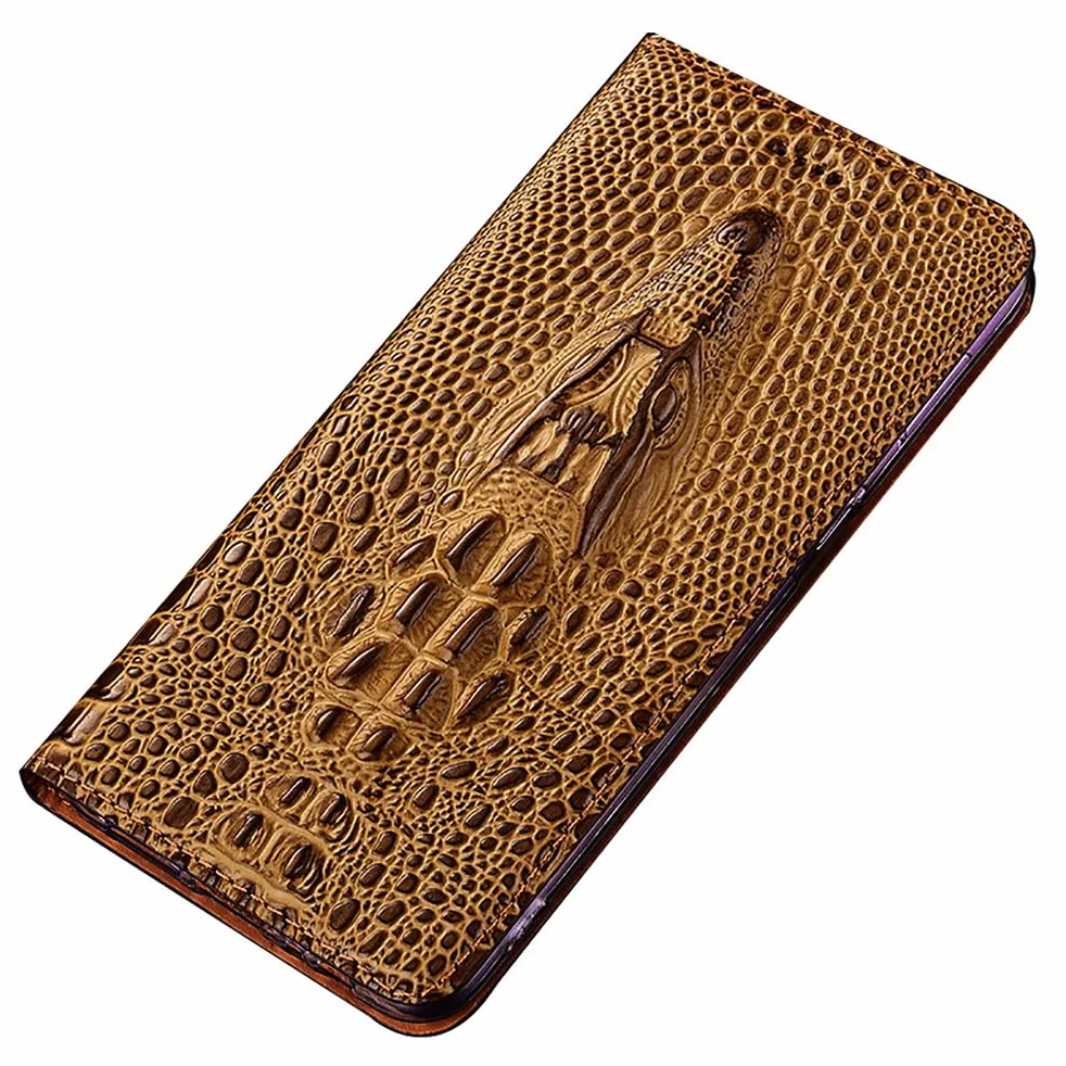 Etui portfelowe do iPhone 17 Pro Max/17 Pro/17 Air/17, etui z prawdziwej skóry, etui z klapką 3D z głową krokodyla z przegródkami na karty, brązowe, 17 ProMax