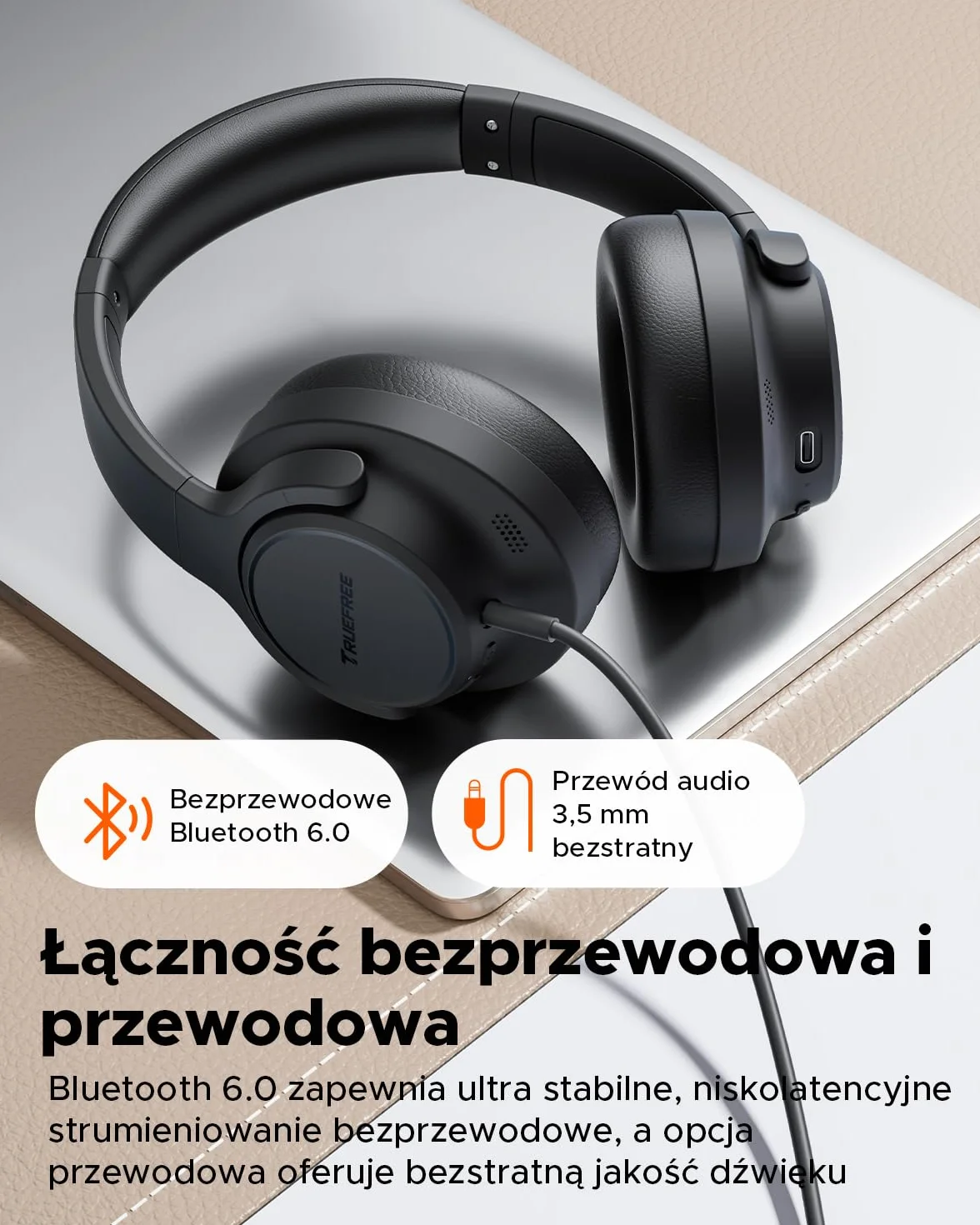 Truefree HF-10 nauszne słuchawki Bluetooth ze sterownikiem 40 mm, ANC -45 dB, dźwięk przestrzenny, akumulator 125 h, mikrofon AI, aplikacja, tryb gier, składany, USB-C, AUX, zestaw słuchawkowy z
