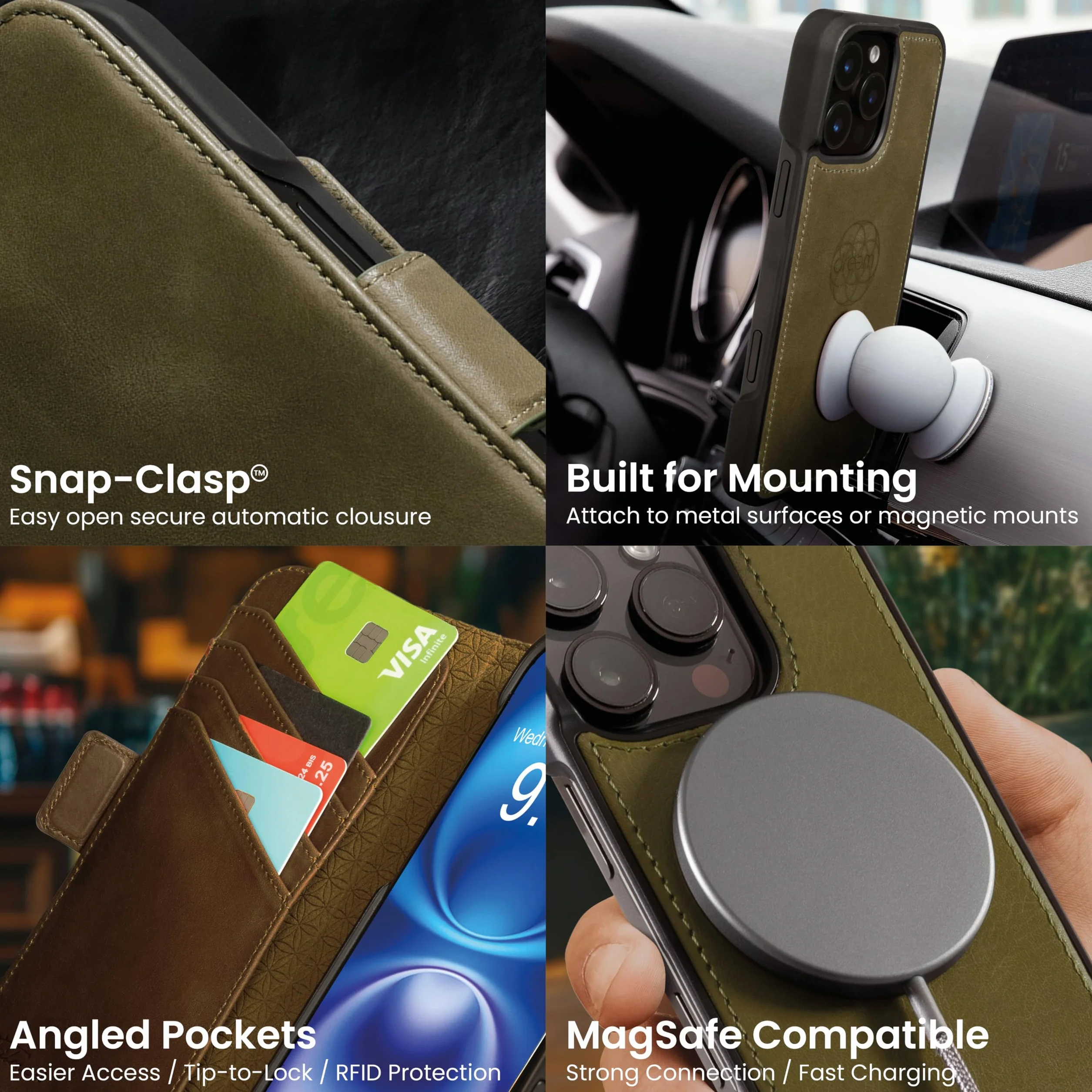 dreem Etui z prawdziwej skóry do iPhone'a 16 Pro Max, rewolucyjny stojak na telefon, magSafe-Fit, magnetyczne odpinane etui z klapką, etui na karty blokujące RFID, pudełko prezentowe [Fibonacci