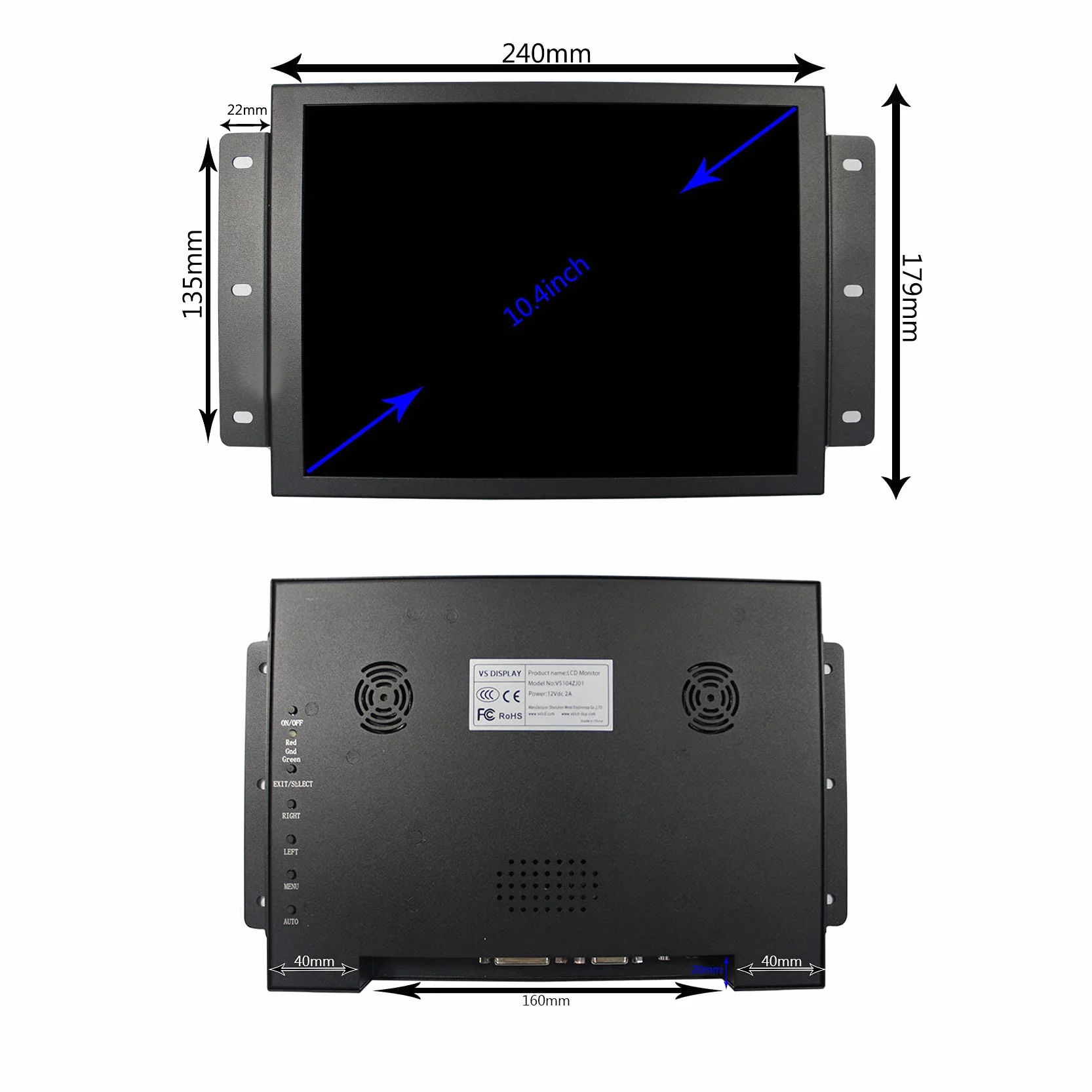 VSDISPLAY 10.4 cala 800x600 Monitor LCD, wejście H/D VGA DVI | współczynnik proporcji 4: 3, do ekranu wymiennego G104SN03 V1, metalowa obudowa
