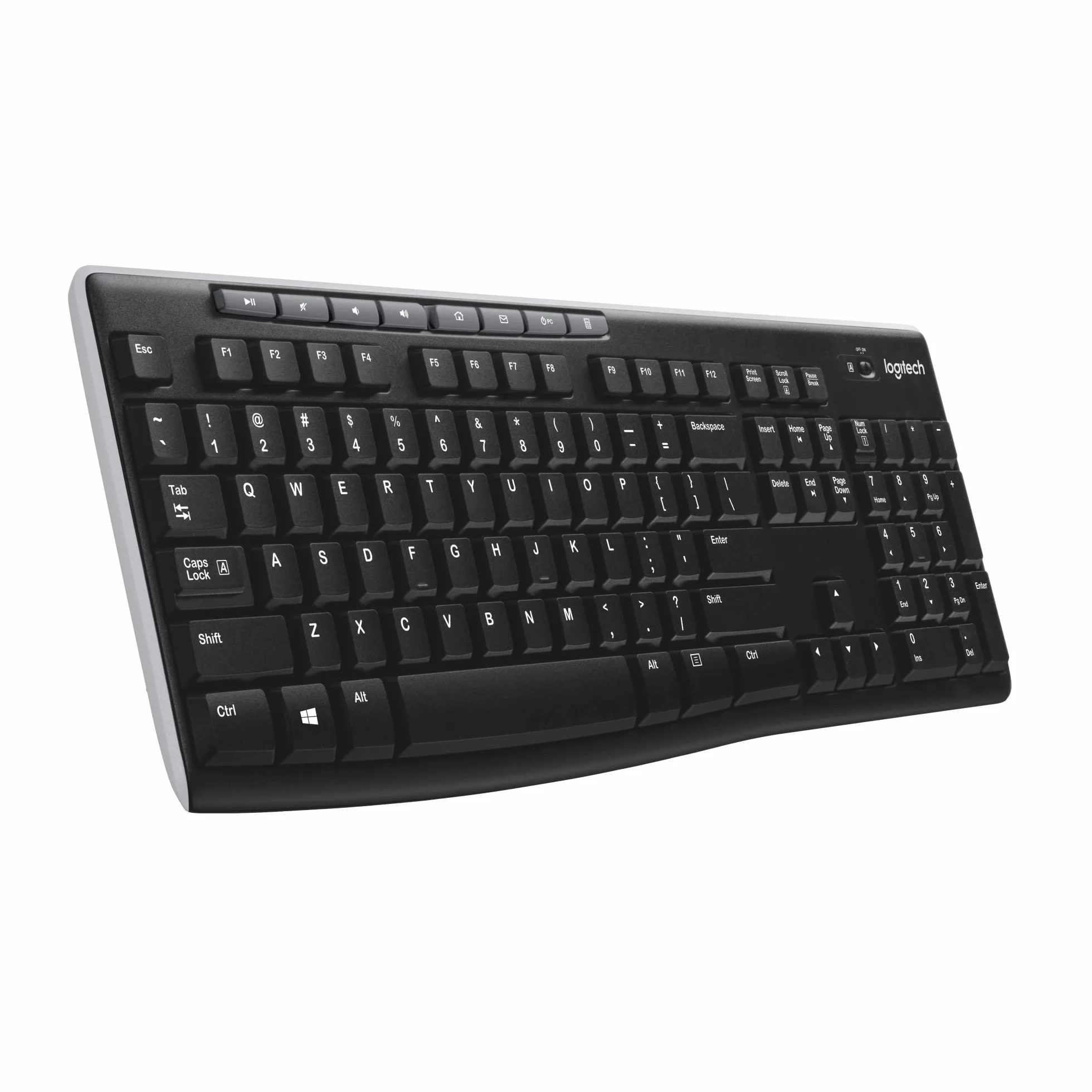 Logitech K270 Klawiatura Bezprzewodowa 2.4 GHz, pełnowymiarowa, 8 klawiszy multimedialnych, 2 lata pracy na baterii, zgodna z komputerem PC/laptopem z Windows, QWERTY układ US international - Czarny
