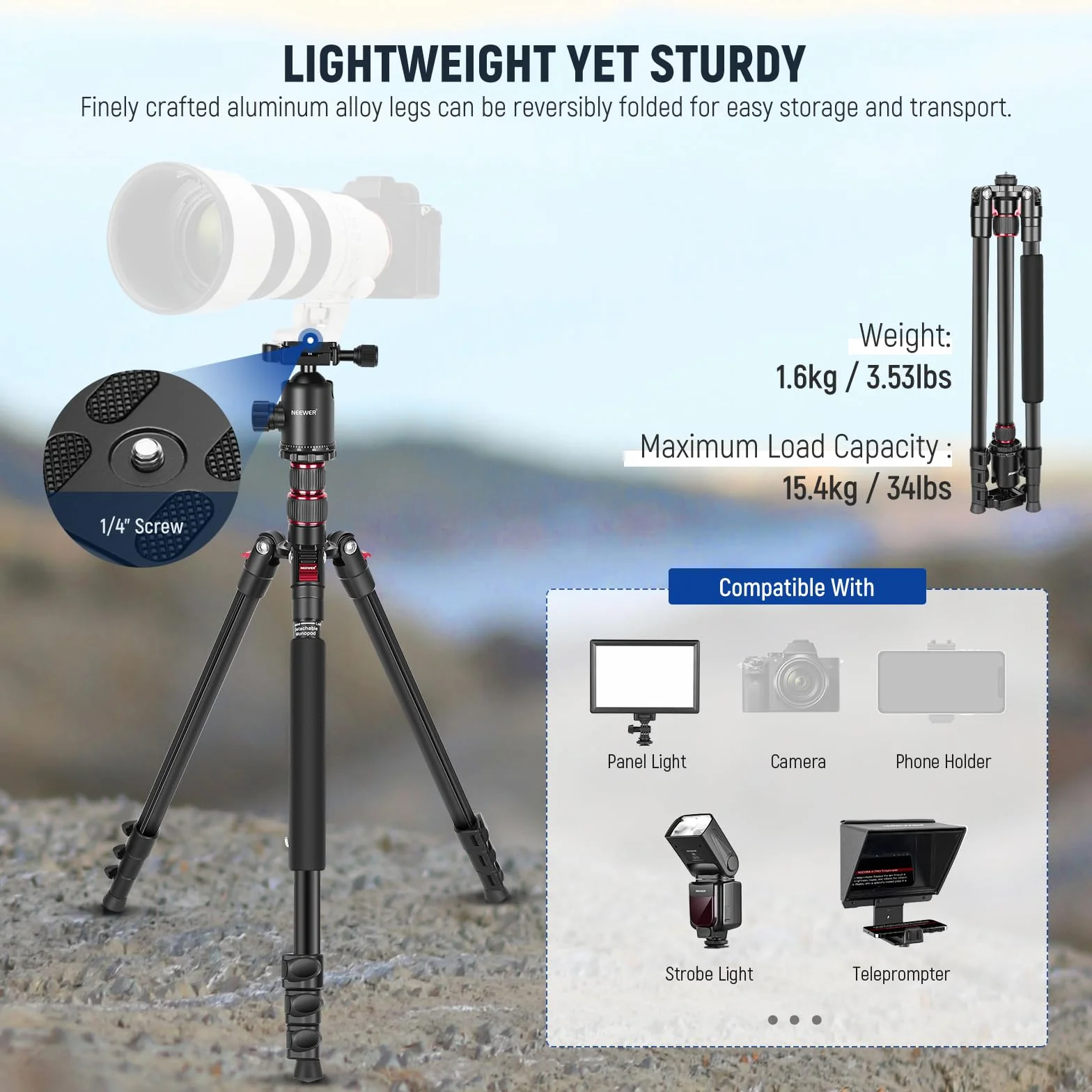 NEEWER Statyw do aparatu 195.6 cm z uchwytem na telefon, przenośny statyw podróżny z pilotem, głowica kulowa 360°, 2-osiowa kolumna środkowa, płyta QR Arca i torba, aluminiowy statyw DSLR maks.