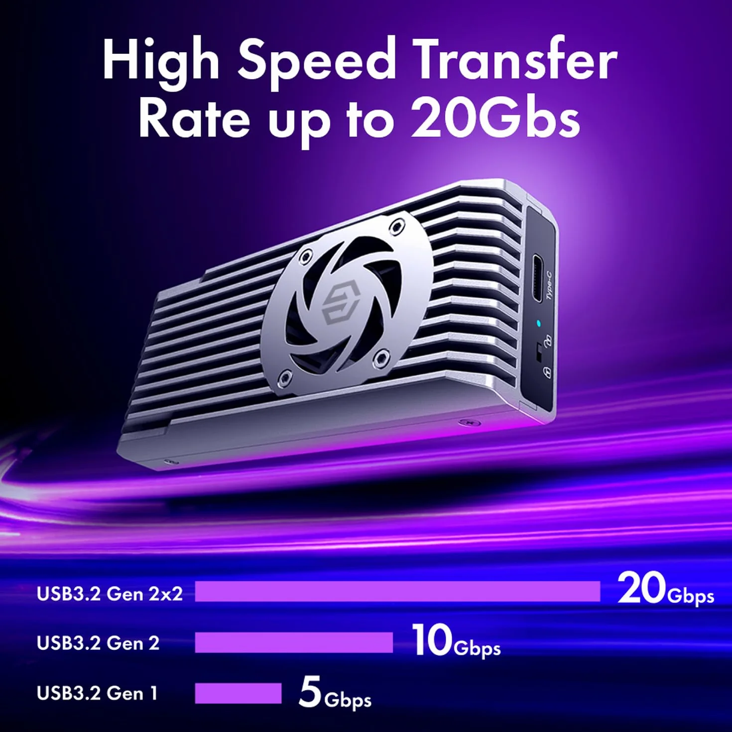 GRAUGEAR Zewnętrzna aluminiowa obudowa 20 Gbps, do M.2 NVMe SSD PCIE x4, M-Key, USB 3.2 Gen2 x 2 20 Gbit/s, aktywny wentylator, ochrona przed zapisem