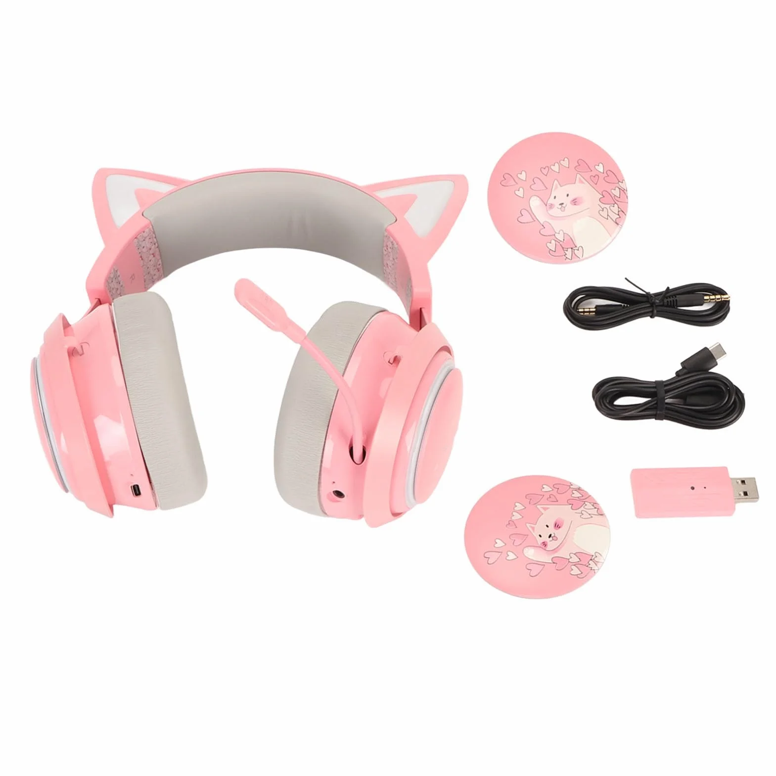 Generic Bezprzewodowy Zestaw Słuchawkowy do Gier z Uszami Kota, światło RGB, Słuchawki do Laptopów i Komputerów Stacjonarnych, Dźwięk Przestrzenny 3D, dla Graczy (PINK)
