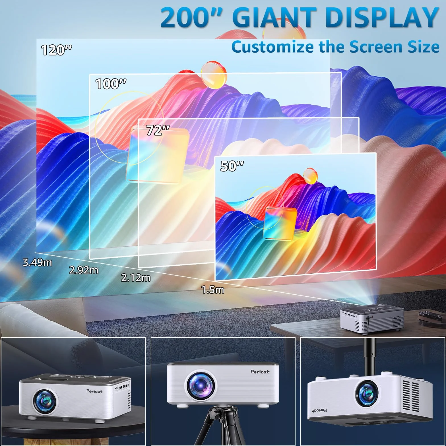 Projektor z Wi-Fi i Bluetooth, projektor zewnętrzny z ekranem 100 cali, projektor filmowy pericat 200 ANSI 1080P HD z wbudowanym głośnikiem 15 W, kompatybilny ze smartfonem, TV Stick, XBox, USB, HDMI