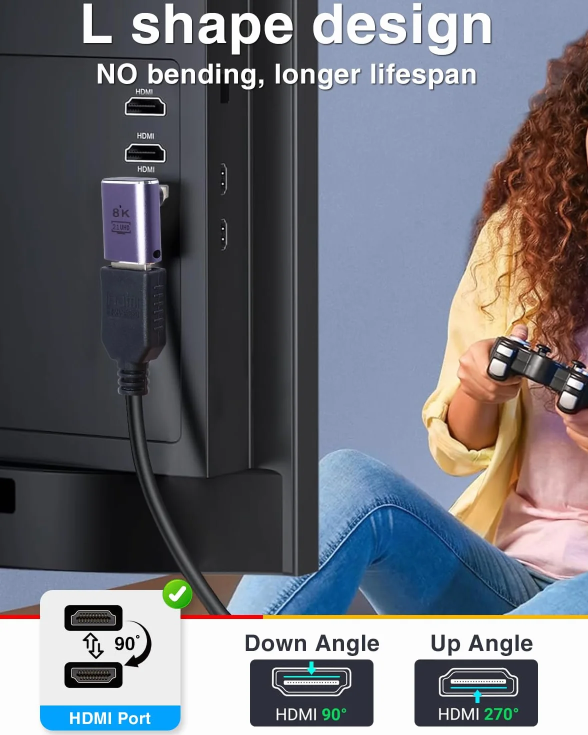 Duttek Adapter 8K HDMI 90 stopni (2 sztuki), adapter HDMI męski na żeński, 48 Gb/s ze wskaźnikiem roboczym LED do laptopa, DVD, telewizora, monitorów