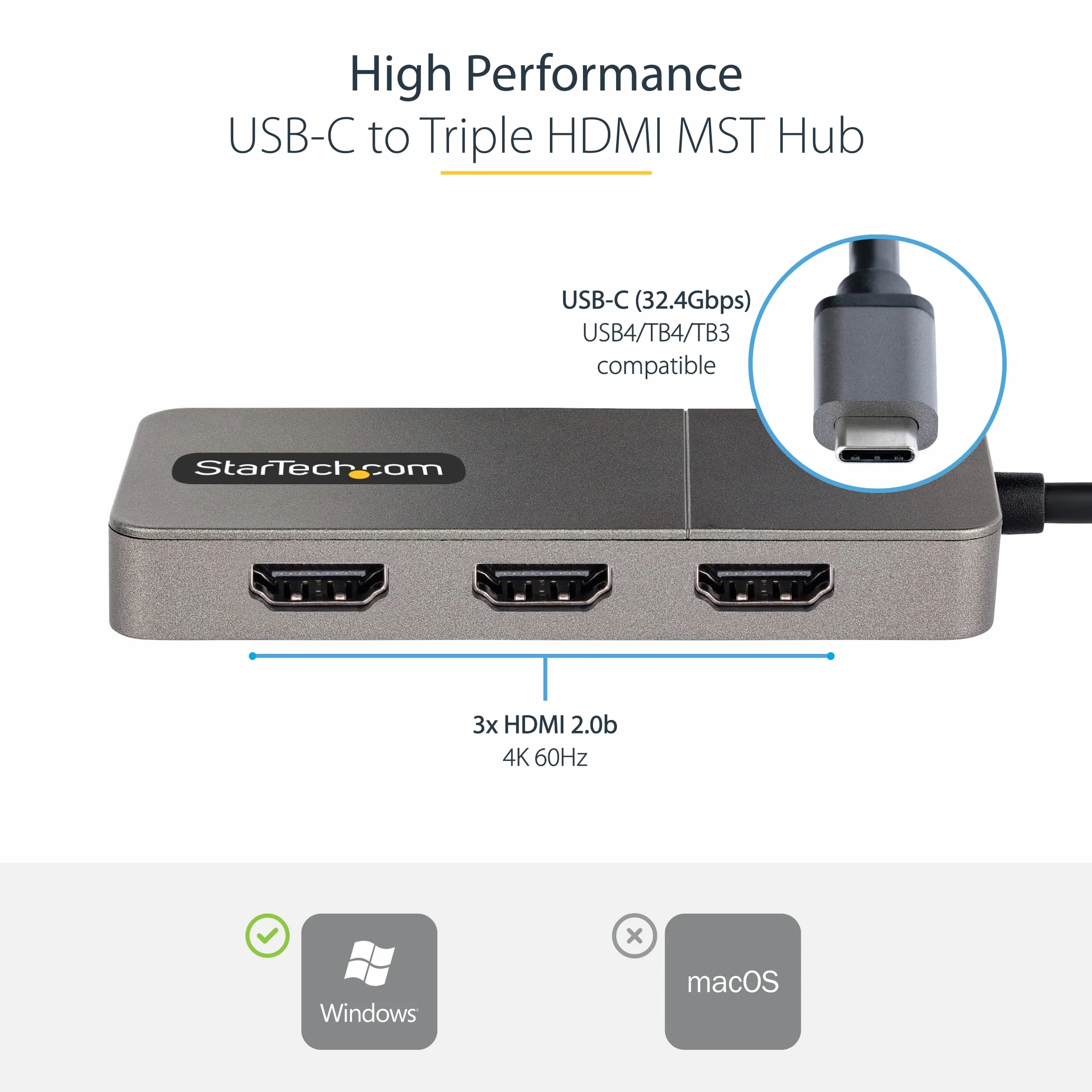 StarTech.com 3-portowy adapter USB-C z wieloma monitorami, USB typu C na 3 x HDMI MST, potrójny przedłużacz/rozdzielacz wyświetlacza laptopa 4K 60 Hz, HDR, bardzo długi wbudowany kabel, Windows