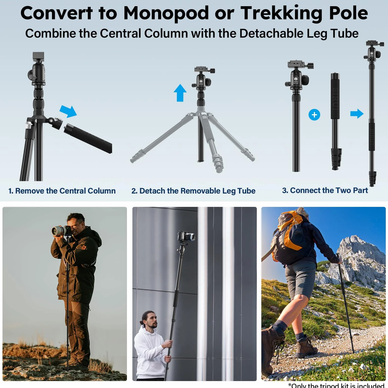 SIRUI APT-02 Statyw i monopod 2 w 1 z głowicą kulową 360°, wysokość 200 cm, nośność 10 kg, do lustrzanek cyfrowych, smartfonów i kamer Actioncam, zawiera uchwyt na telefon komórkowy i torbę