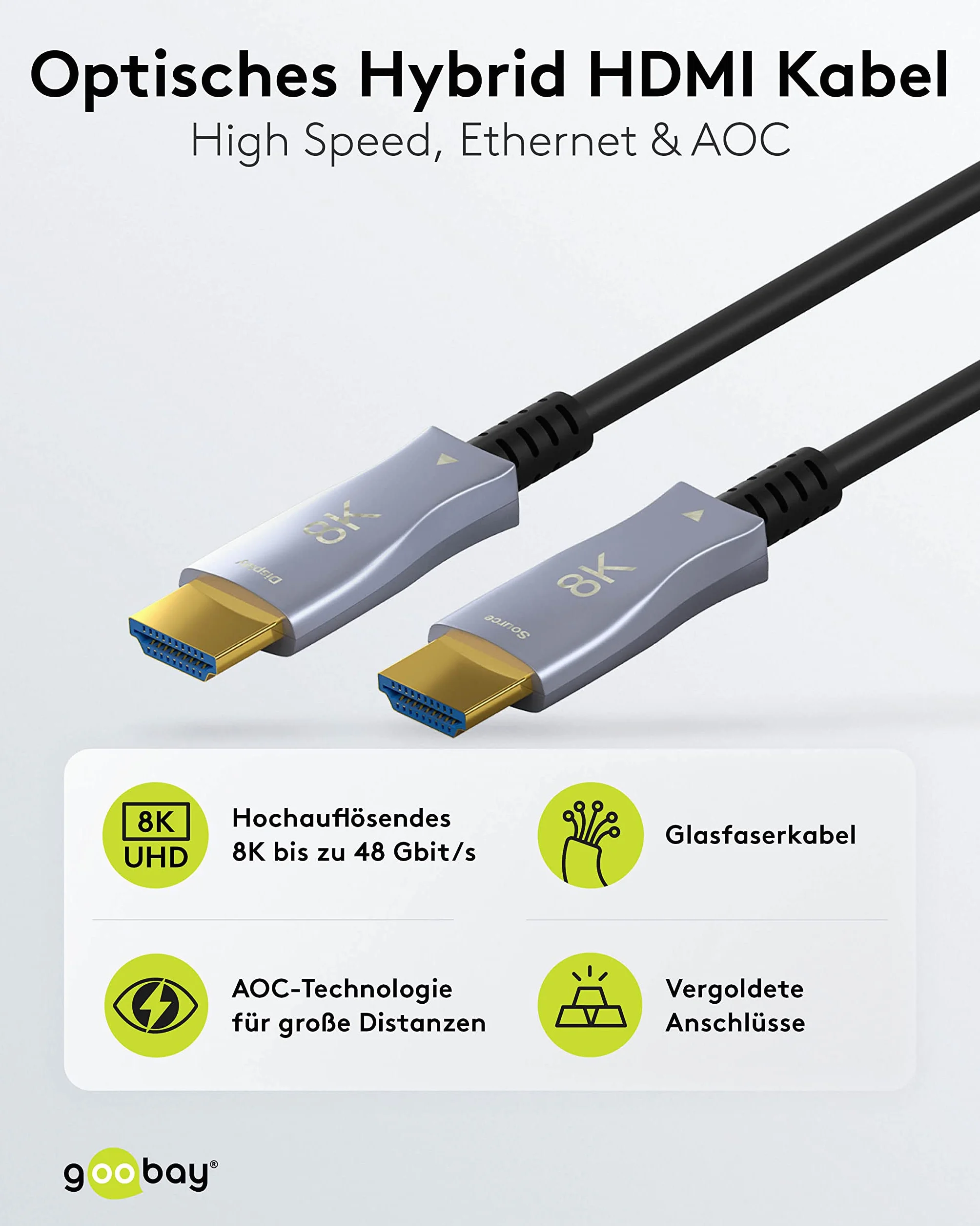 goobay 65564 Hybrydowy kabel optyczny Ultra High-Speed HDMI/Szybki kabel o pojemności 8K @60 Hz i 4K @ 120 Hz / 48 Gb/s, ARC (Audio Return Channel), HDCP / 80 metrów
