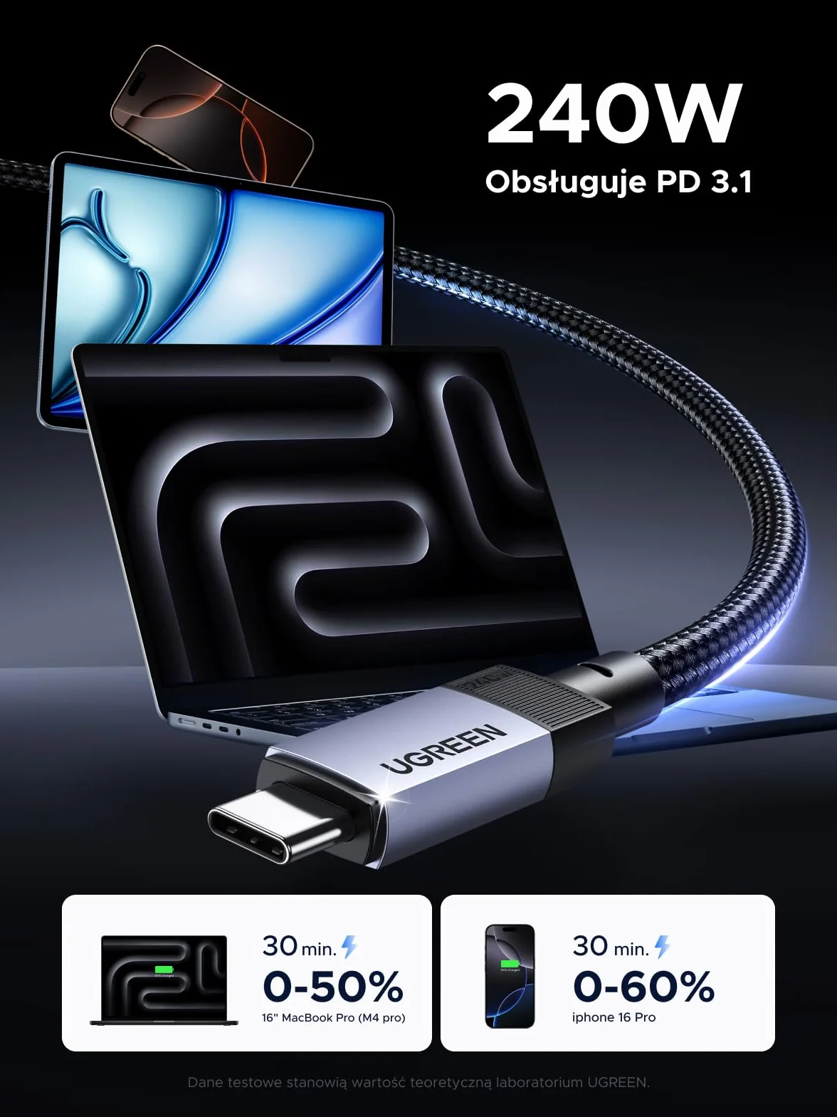 UGREEN 40 Gbps USB-C kabel z szybkim ładowaniem 240W, przesył 4K | Dla iPhone 17/16, MacBook, iPad, Galaxy S26, Steam Deck, monitory, stacje dokujące i urządzenia USB‑C. (40 Gbps 1M)