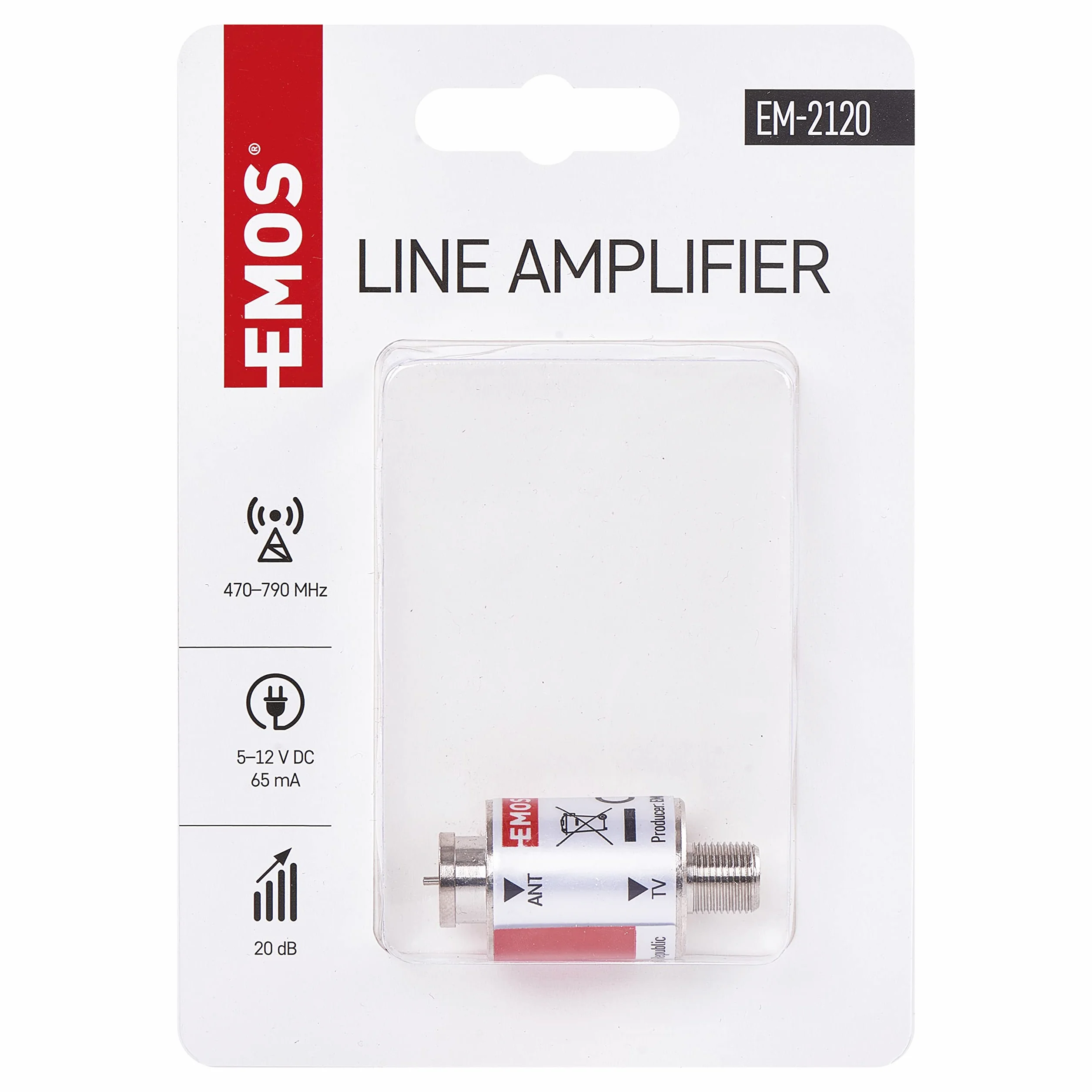 EMOS Satelitarny wzmacniacz liniowy Inline 20 dB 470–790 MHz do DVB-T2 srebrny