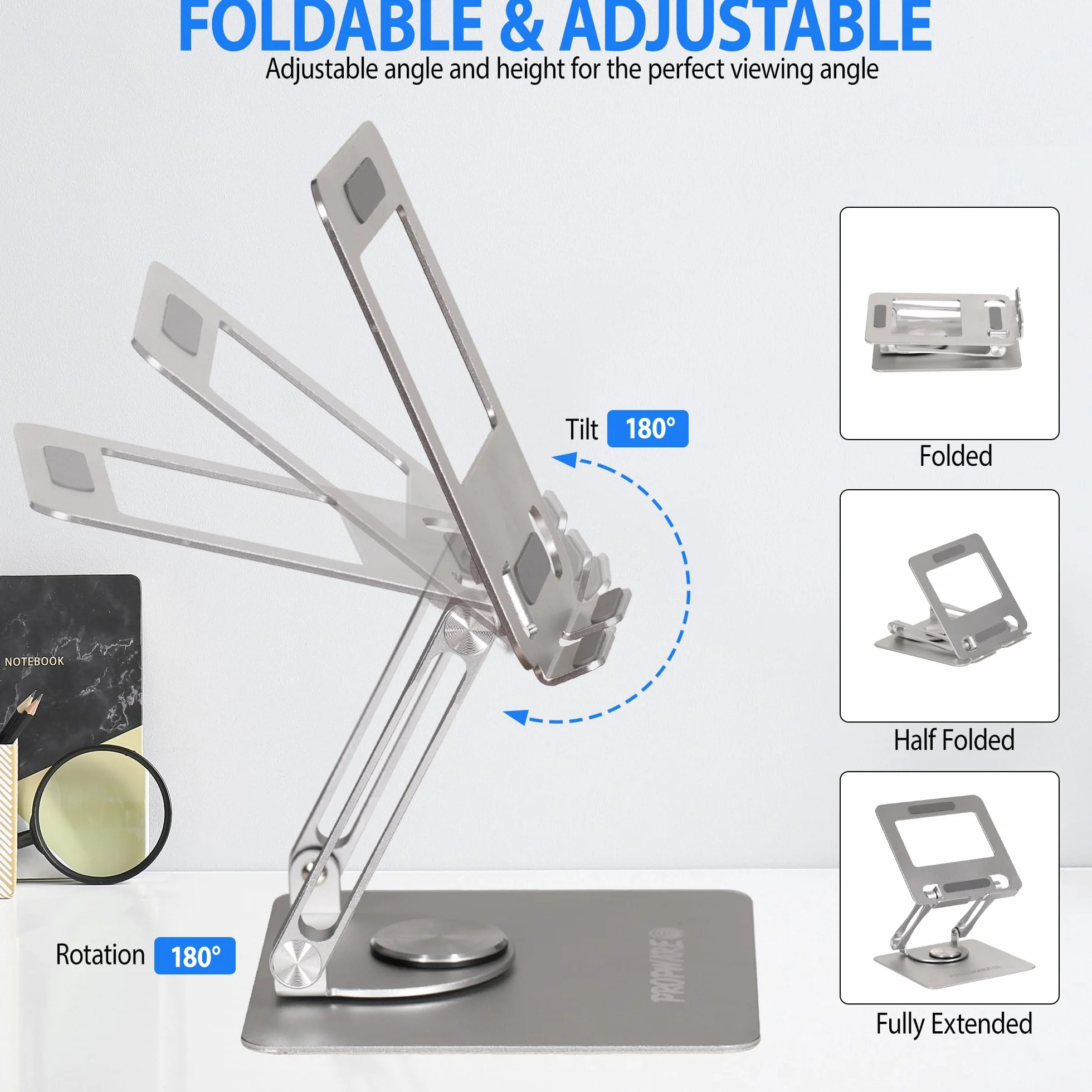 Aluminiowy tablet, telefon, przenośna konsola do gier o przekątnej do 15 cali z obrotową podstawą 360°, ergonomicznie regulowana, składana, idealna do kuchni lub biurka (srebrny)