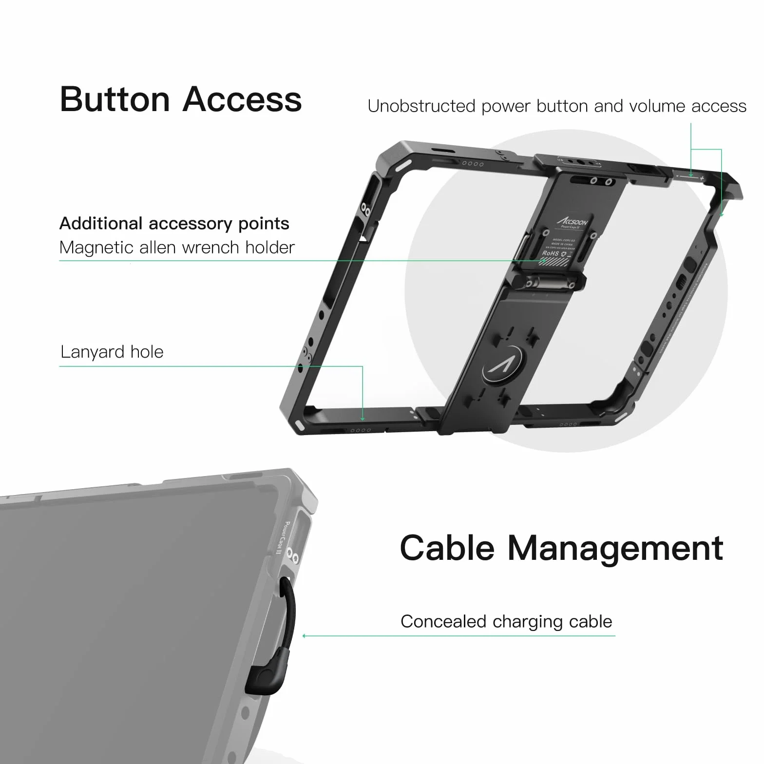 Accsoon iPad Power Cage II ze stojakiem tłumiącym/uchwytem na baterie do podłączenia kamery do iPada (gen. 5,6,7,8,9,10), iPad Air (3,4,5), iPad Pro 9,7/10,5/11" (Gen 1, 2, 3,4) jako monitor Pro