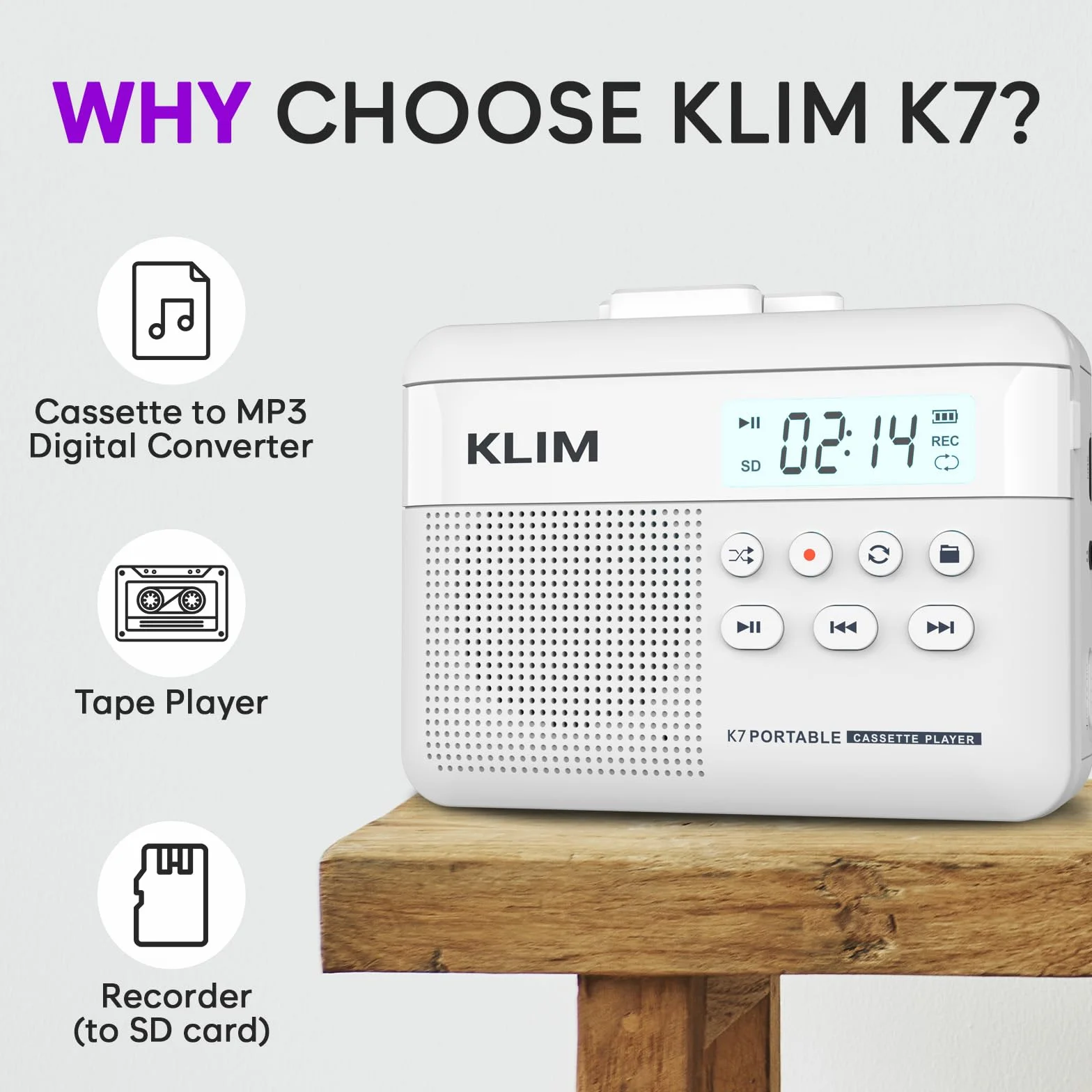 KLIM K7 Magnetofon kasetowy - konwerter kasety na MP3 - przenośny - wbudowany mikrofon i głośnik - akumulator - słuchawki - karta SD 16 GB - biały