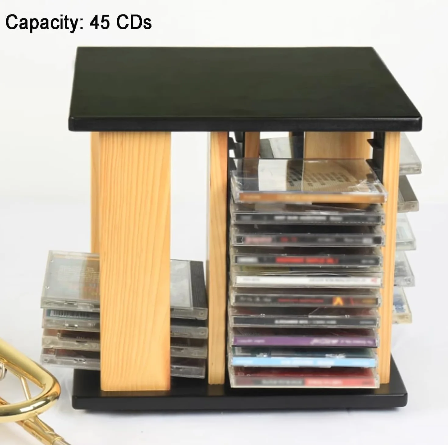 Obrotowy drewniany stojak do przechowywania płyt CD DVD o 360°, pojemność 45 płyt Odporny na zadrapania stacjonarny organizer multimediów do domu i biura