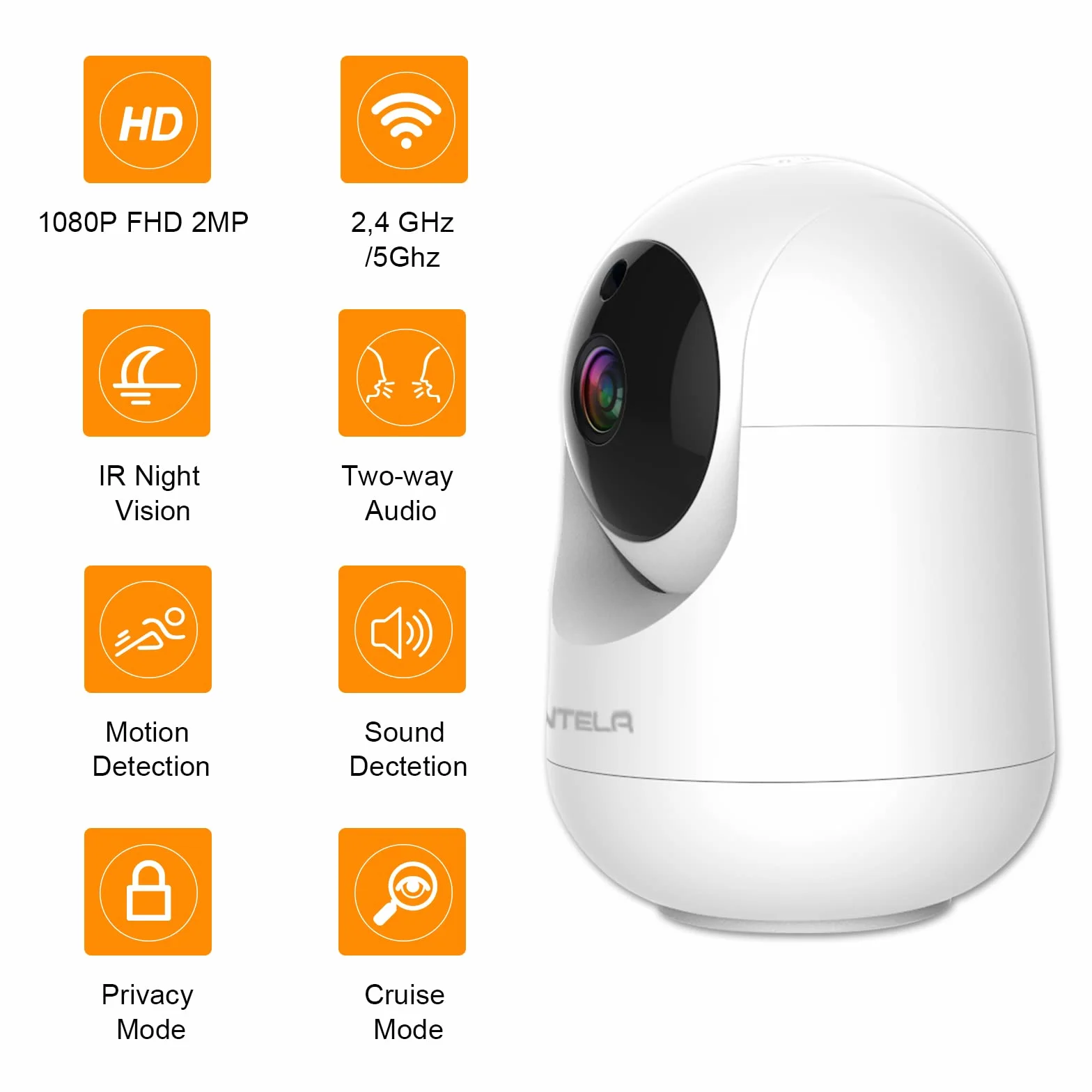 ANTELA Kamera Wi-Fi IP 1080p, kamera do monitoringu, do wnętrz, 2,4/5 GHz, Wi-Fi, 355°/80°, dwukierunkowe audio, widoczność w nocy na podczerwień i wykrywanie ruchu, kompatybilna z Alexa/Google Home, 2 szt