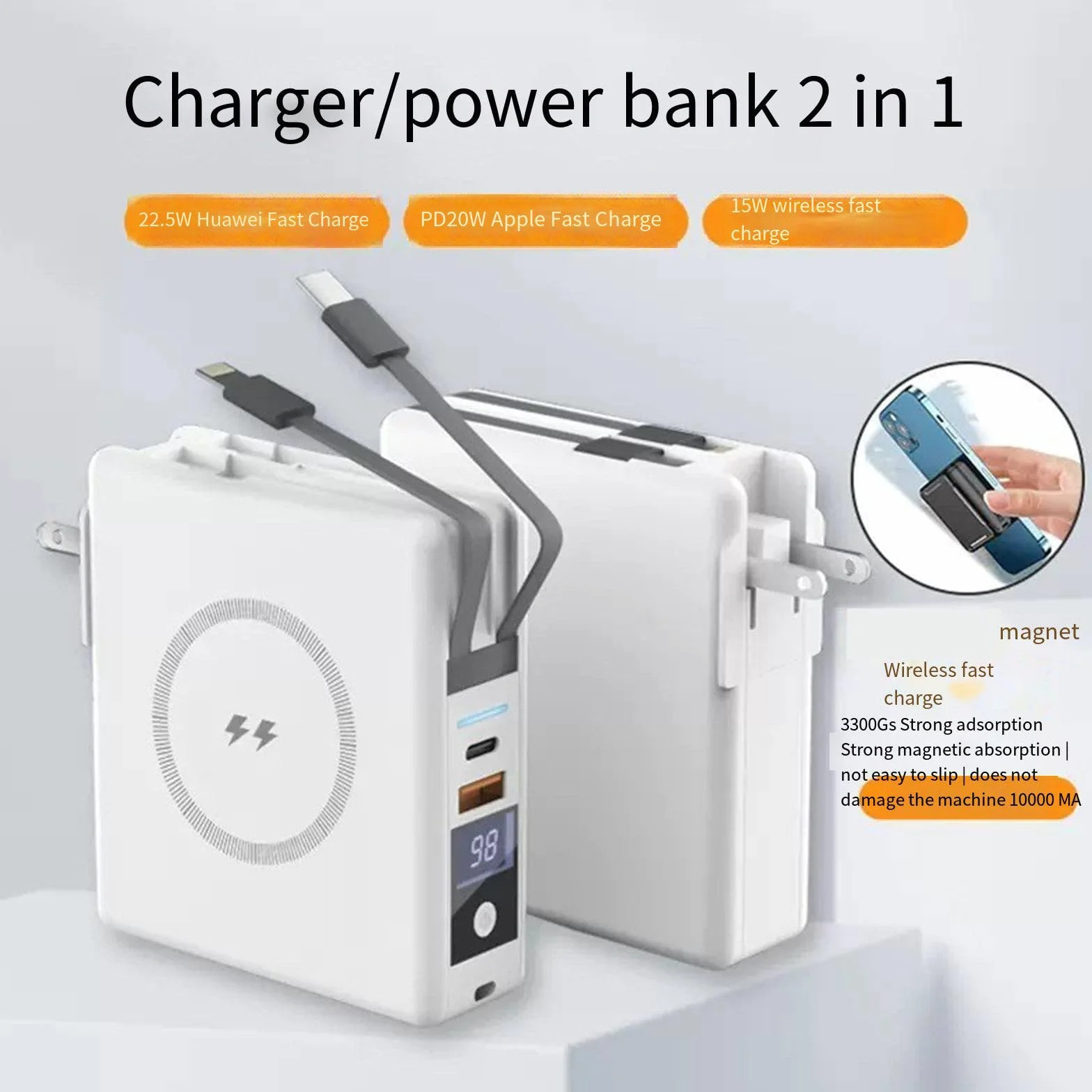 Ładowarka bezprzewodowa magnetyczna 15 W z podwójnym przewodem Pd22,5 W, szybki powerbank o dużej pojemności, przenośny zasilacz, czarny