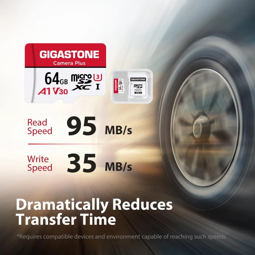 Gigastone karta micro SD 64 GB, 10 sztuk, aparat Plus, karta pamięci MicroSDXC do Wyze, kamery wideo, kamery bezpieczeństwa, smartfona, tabletu Fire, nagrywania wideo 4K, UHS-I U3 A1 V30, 95 MB/s, z adapterem