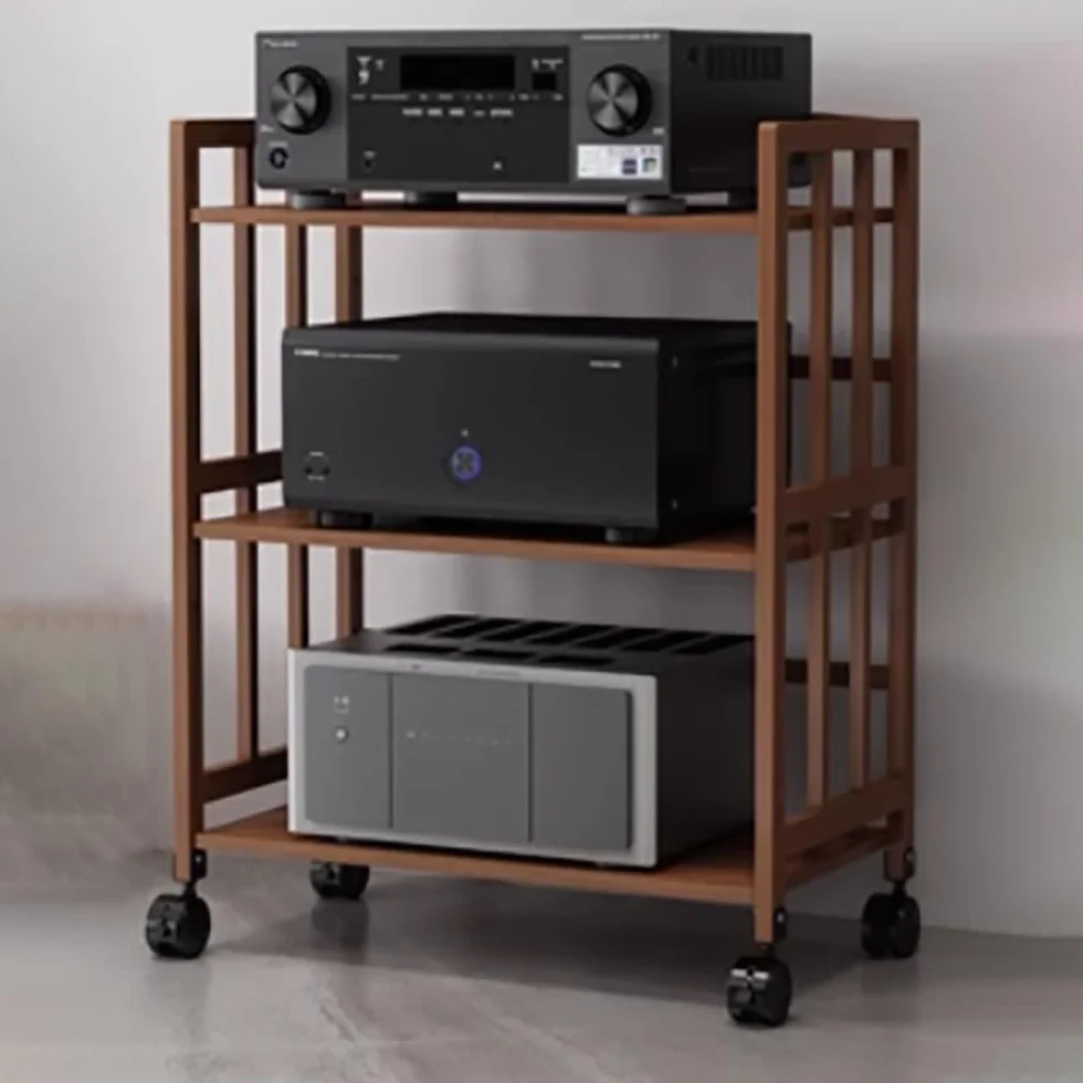Regulowany stojak HiFi AV, konsola multimedialna do urządzeń audio/wideo, narożny stojak na telewizor i stojak na płyty CD stereo i z półkami do gier (herbata 81 cm szer. x 89 cm wys.)