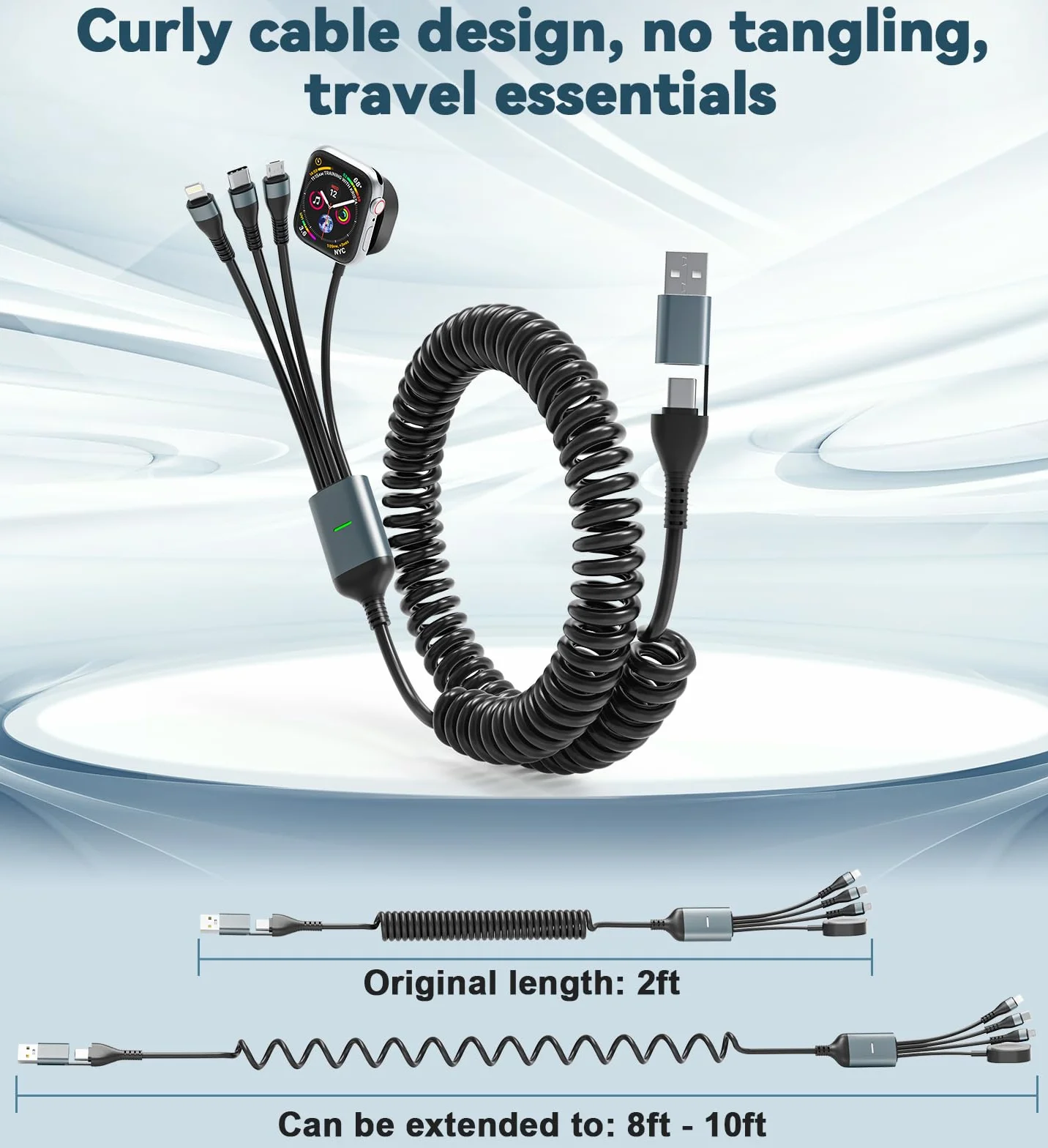 Spiralny kabel 4 w 1 do ładowania z ładowarką Apple Watch – 3 m Multi kabel do ładowania Apple Watch USB C, kabel Lightning Micro USB, do Apple Watch, iPhone 15 14 13 12 11 8 X, MacBook, iPad, Android