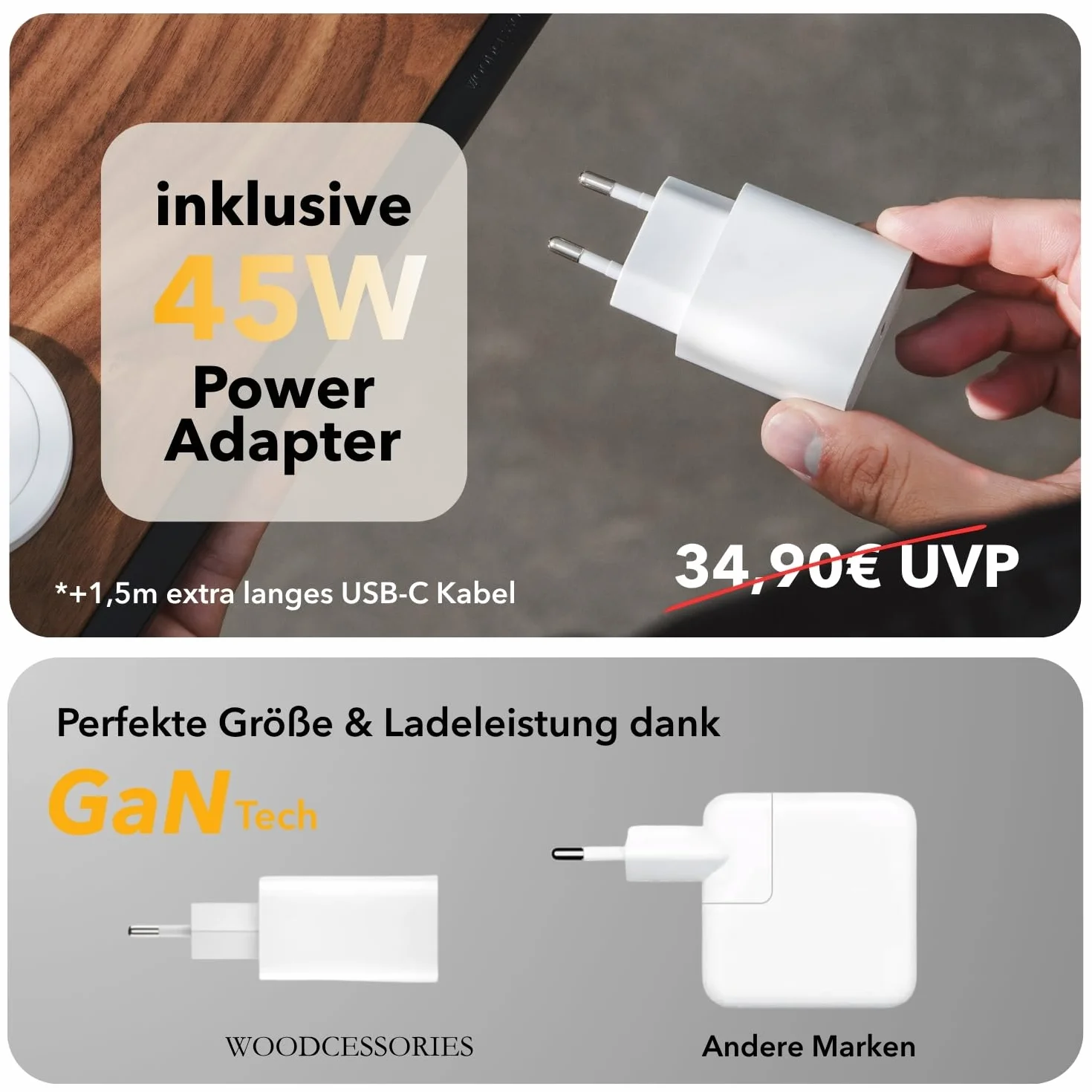 Woodcessories Multibase Pro - 3 w 1 drewniana stacja ładująca | Magsafe ładowarka | indukcyjna stacja ładująca do iPhone'a, Apple Watch, Air Pods w zestawie z adapterem Power 45 W