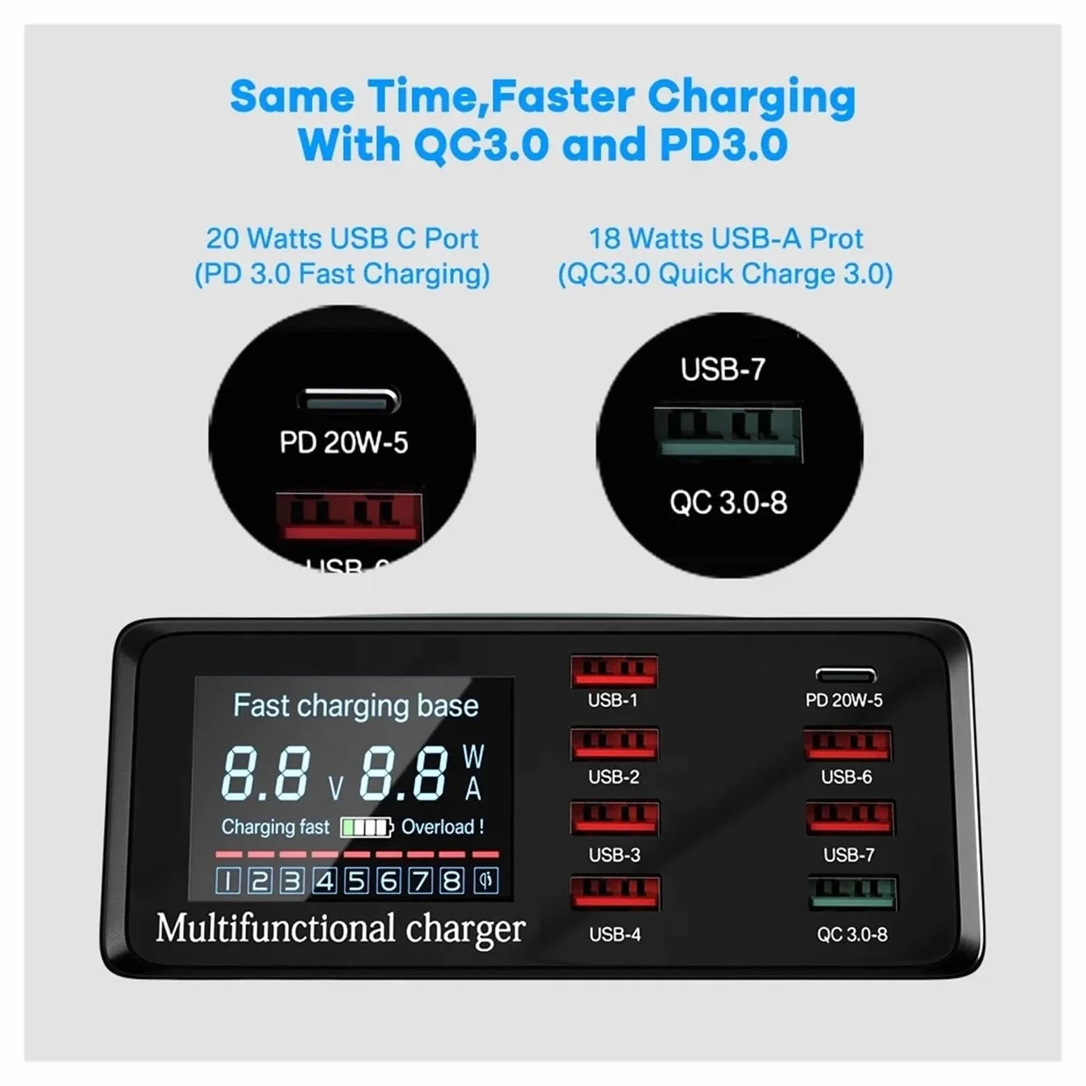 8-portowa Stacja Ładująca USB O Mocy 100 W Z Bezprzewodowym Ładowaniem Cyfrowy Wyświetlacz QC3.0 PD3. Szybkie Ładowanie MożLiwość Szybkiego łAdowania