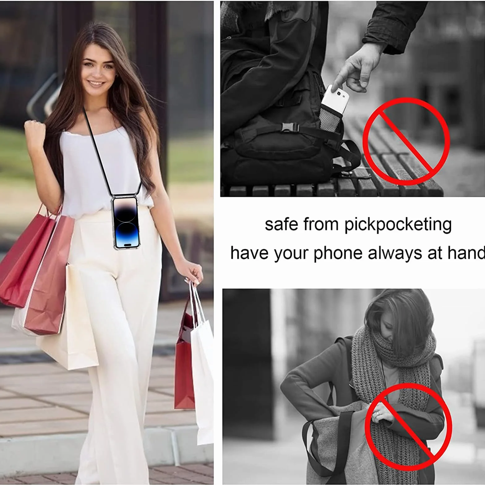 Pnakqil Etui na telefon komórkowy do iPhone 15 Pro, przezroczyste, miękkie, silikonowe ze sznurkiem na szyję, bumper, etui ochronne, kompatybilne z do iPhone 15Pro, czarne