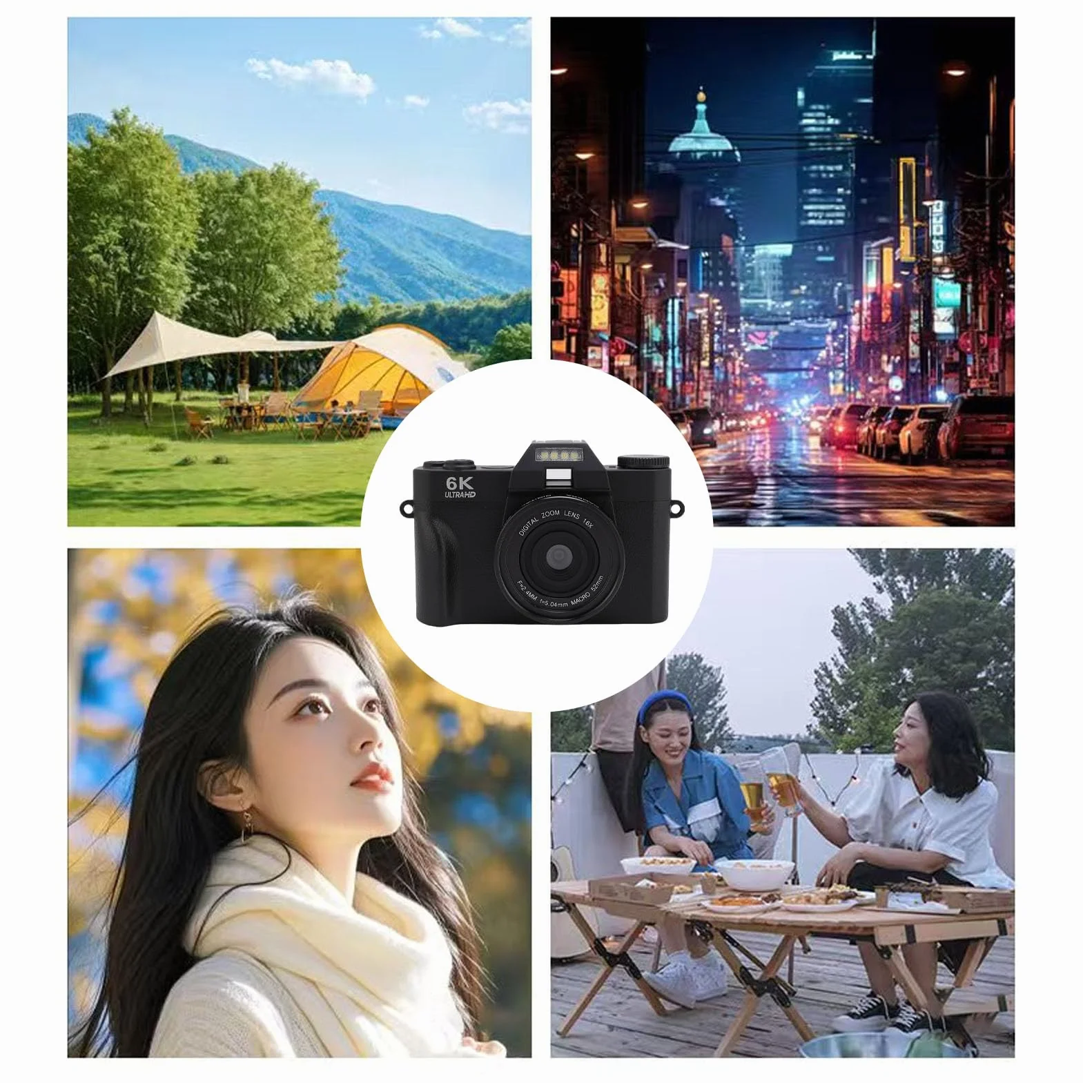 6K Aparat Cyfrowy do Fotografii, 64MP Wi -Fi Autofocus Video Camara z Ekranem Klapki 180 °, 16x Zoom, Kompaktowa Konstrukcja do Podróży, Karta Pamięci 32 GB