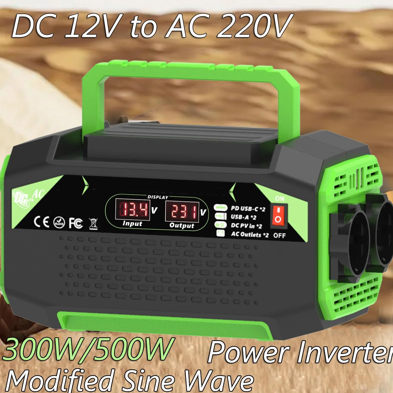Generic Inwerter Samochodowy o Mocy 500 W, Wyświetlacz Szybkiego ładowania z 2 Portami USB 2 Typu C dla Wielu urządzeń i Pojazdów, Przenośny ABS