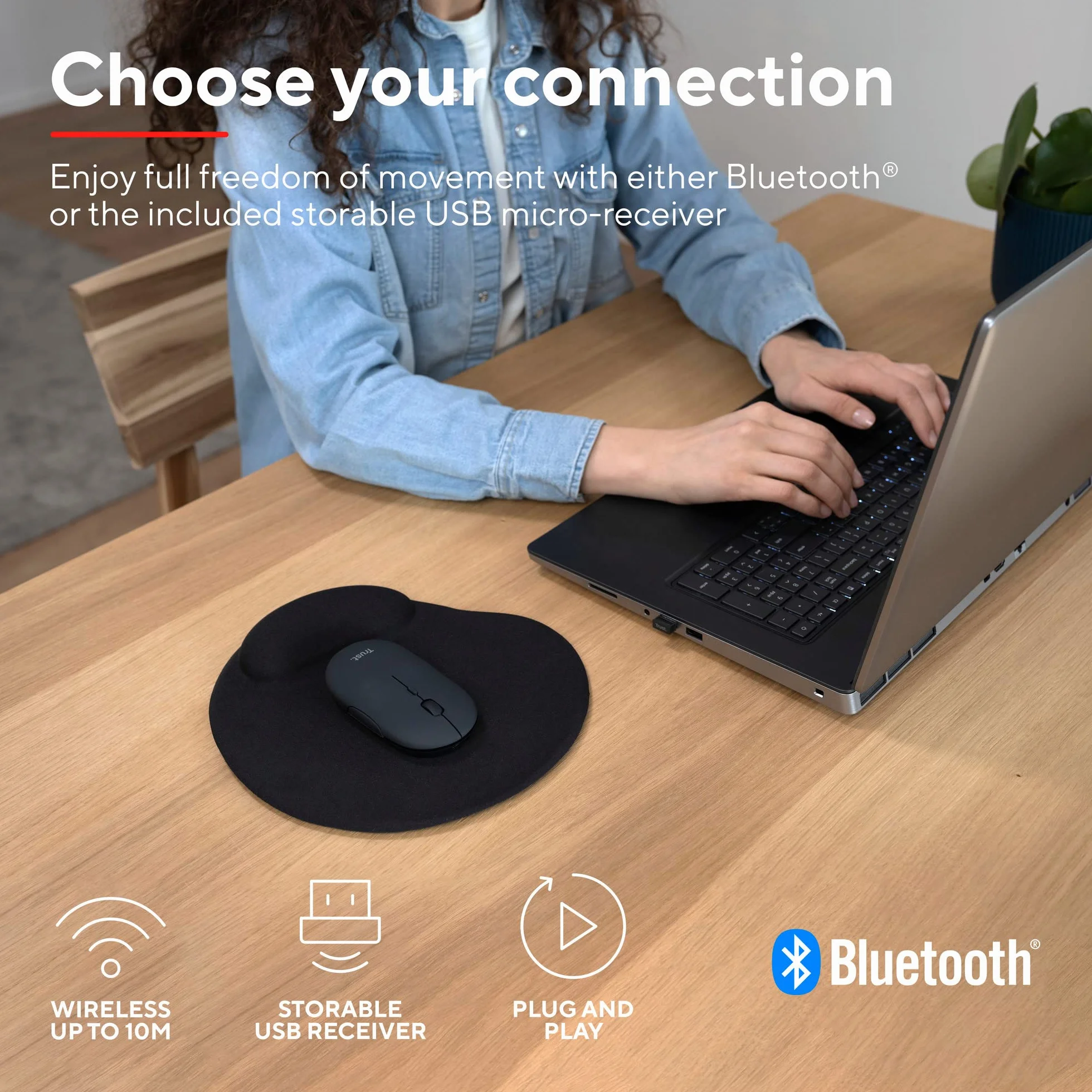 Trust Puck bezprzewodowa mysz Bluetooth lub 2,4 GHz z miniodbiornikiem USB, akumulatorem, ciche kliknięcia, przycisk DPI, lekka mysz komputerowa do laptopa, PC, Mac, Chromebooka, czarna
