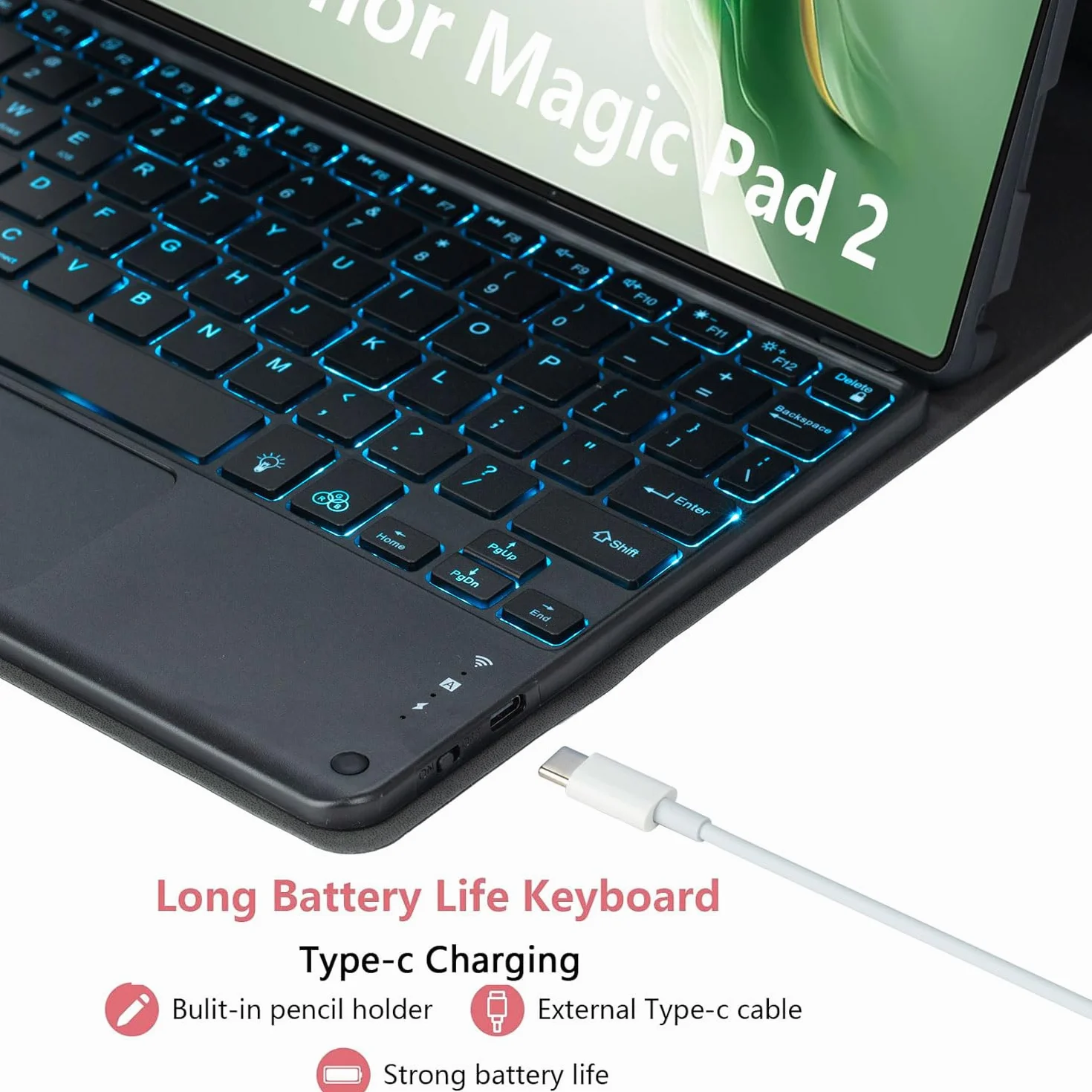 Keyboard Case for Honor Magic Pad 2 12,3 cala tabletu, 7-kolorowe podświetlenie, odłączana bezprzewodowa klawiatura z panelem dotykowym, ultracienkie i lekkie etui folio z myszką,Black