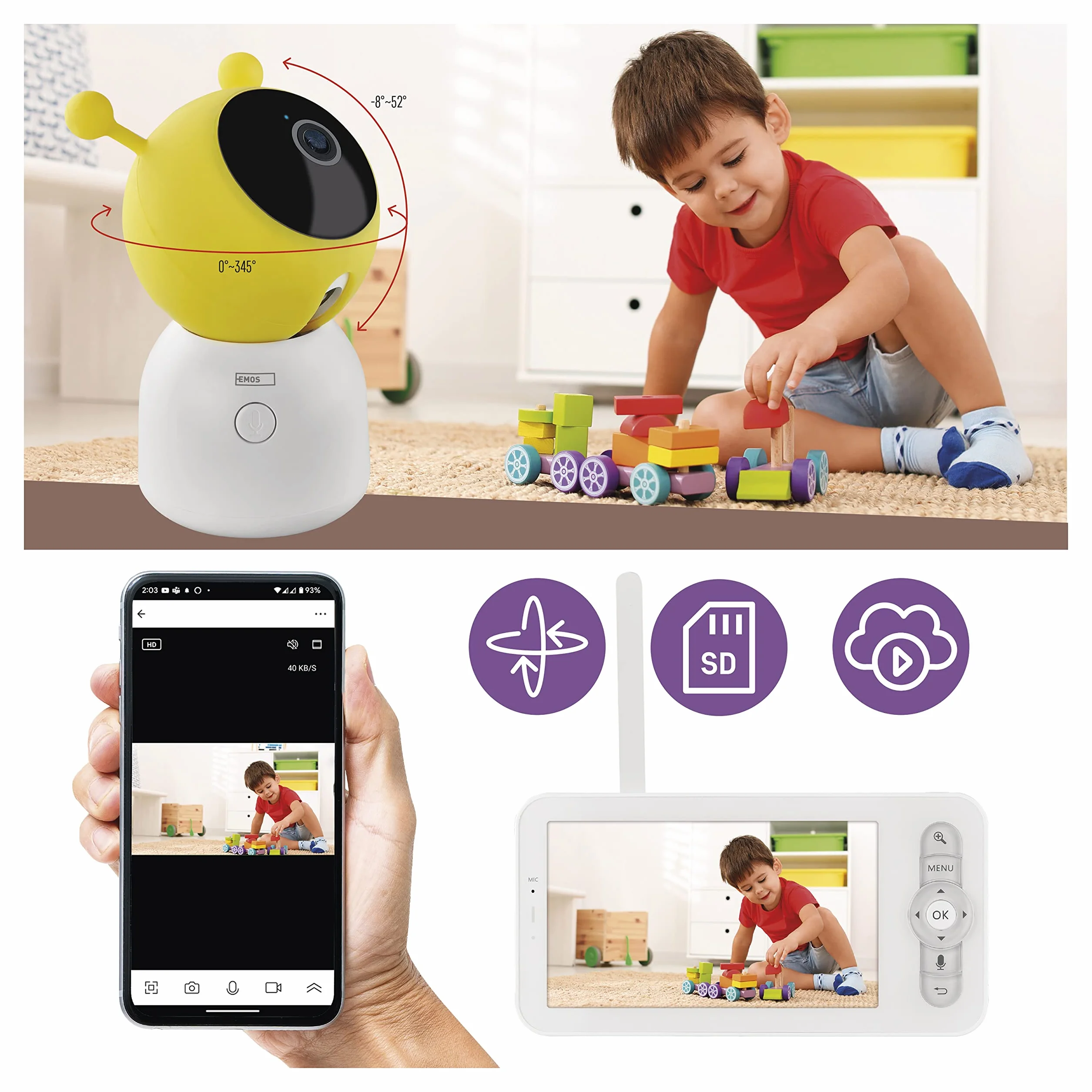 EMOS GoSmart elektroniczna niania IP-500 Guard z 5-calowym monitorem LCD i akumulatorem 3000 mAh, WiFi i aplikacją, obrotowa, regulacja ostrości, 2-drożne audio, widoczność w nocy na podczerwień,