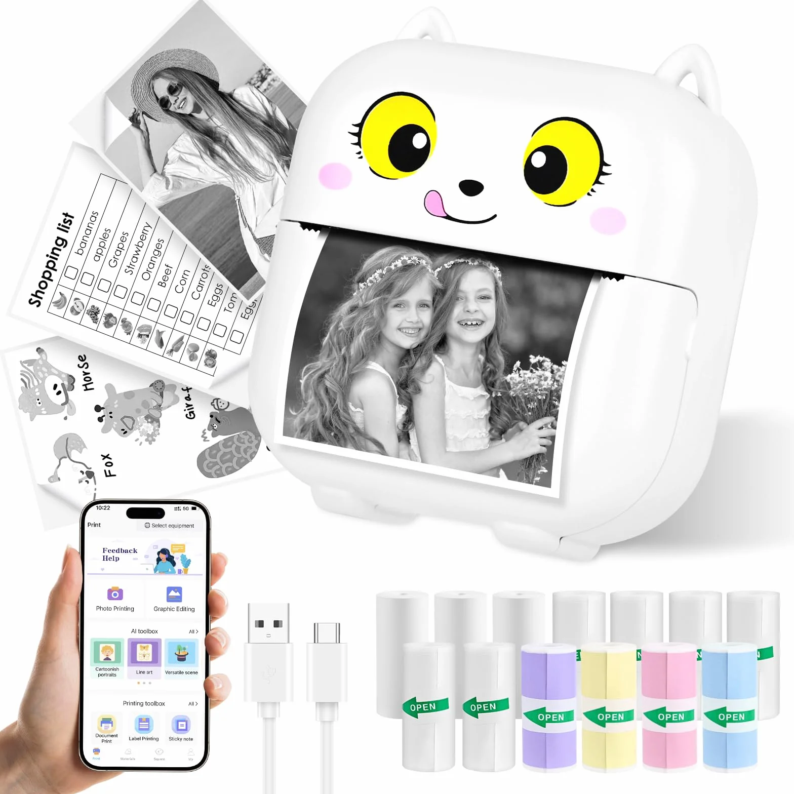 Mini drukarka, mobilna drukarka fotograficzna, przenośna bezprzewodowa drukarka termiczna z 13 rolkami, smartfon, drukarka Bluetooth do pomocy w nauce, notatek do nauki, dziennika