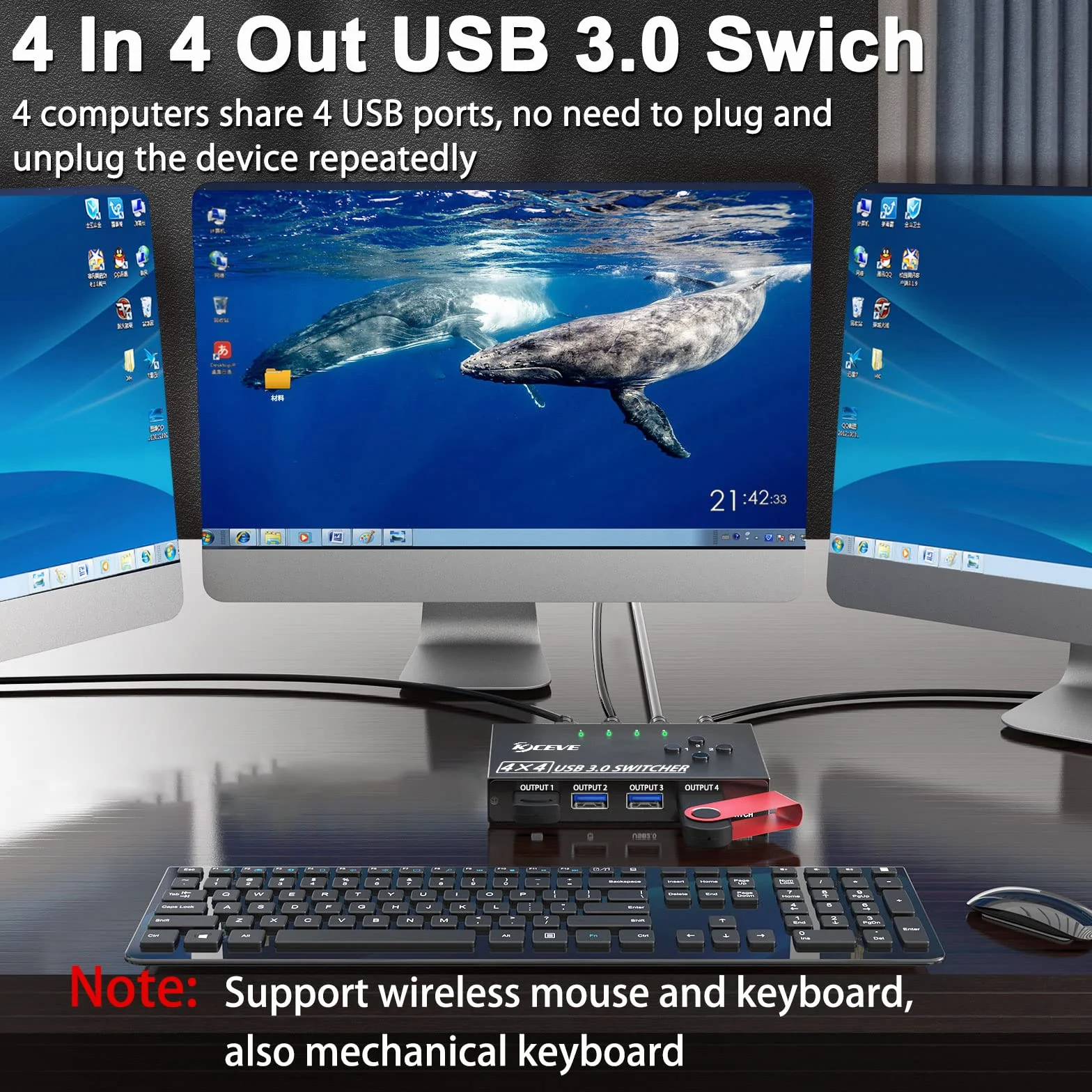 Selektor Przełącznika USB 3.0 4 Porty, MLEEDA Przełącznik KVM 4 Komputery Udostępniające 4 Urządzenia USB, do Skanera Drukarki Klawiatury i Myszy, Przewodowym Przyciskiem Zdalnego i 4 Kablami USB 3.0