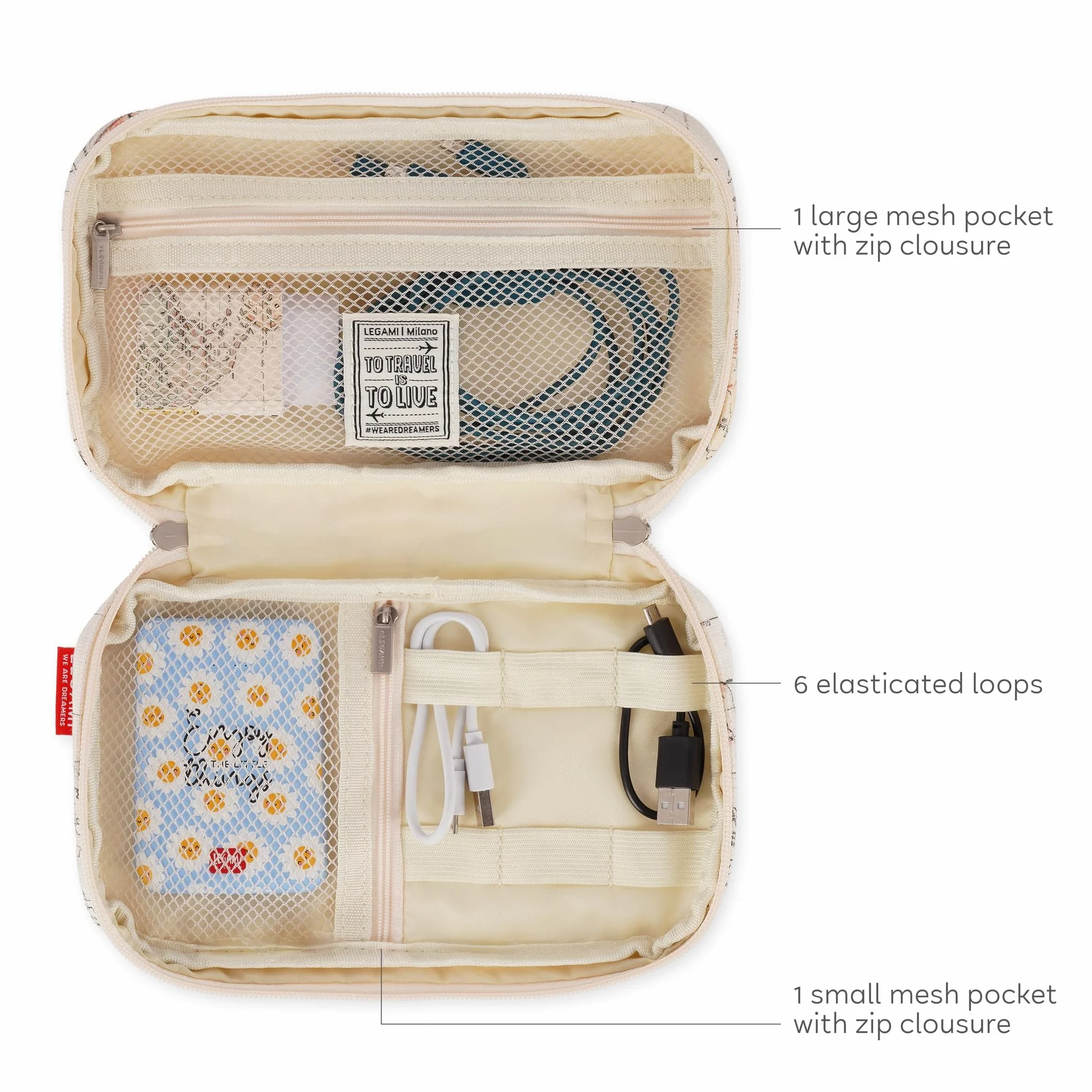 Legami - Organiser na kable - Organizator kablowy, futerał podróżny na przewody i kable Telefon PC, torba na gadżety elektroniczne, ładowarka, bank, mała przenośna torba, 23,8 x 14 x 4,7 cm, Beżowy,