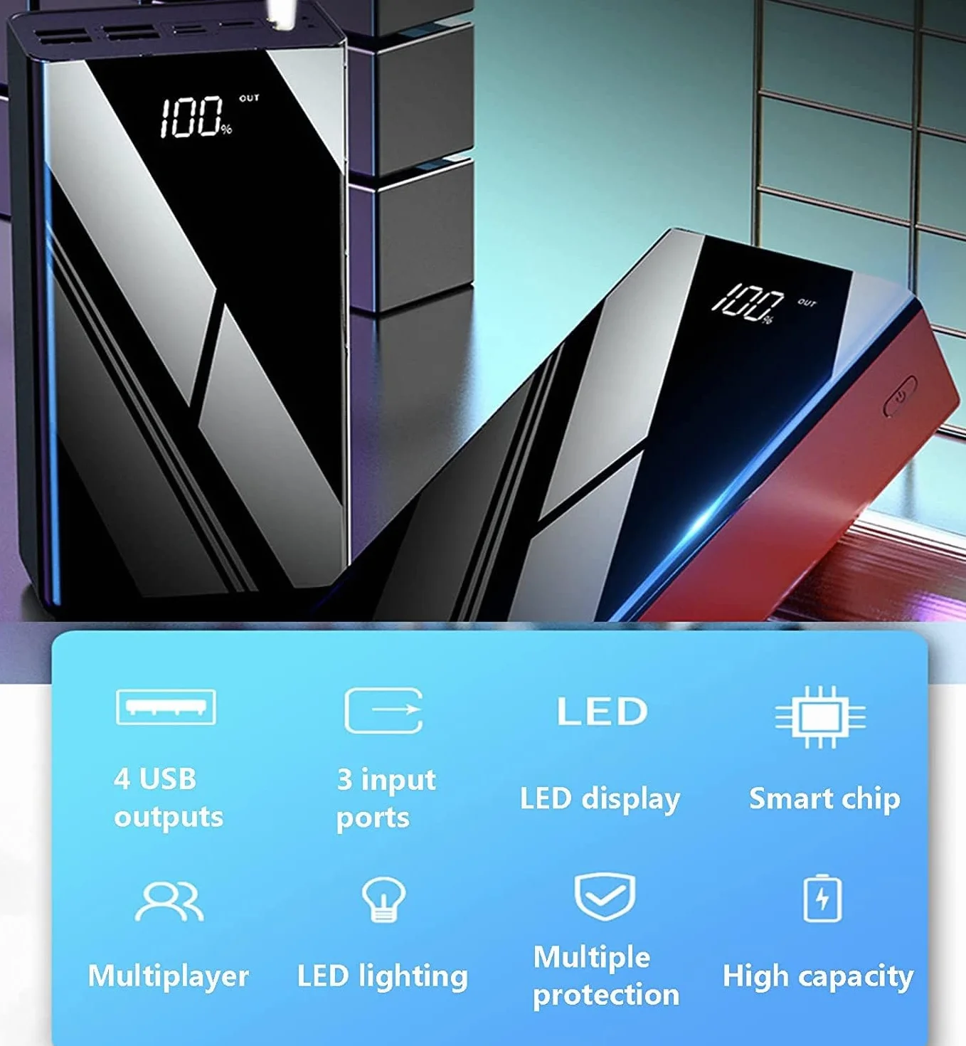 Przenośna ładowarka powerbank wbudowane kable do ładowania prosta stylowa i kompaktowa konstrukcja szybkie ładowanie 40000-100000 mAh akumulator USB o dużej pojemności do smartfonów, tabletów, konsol