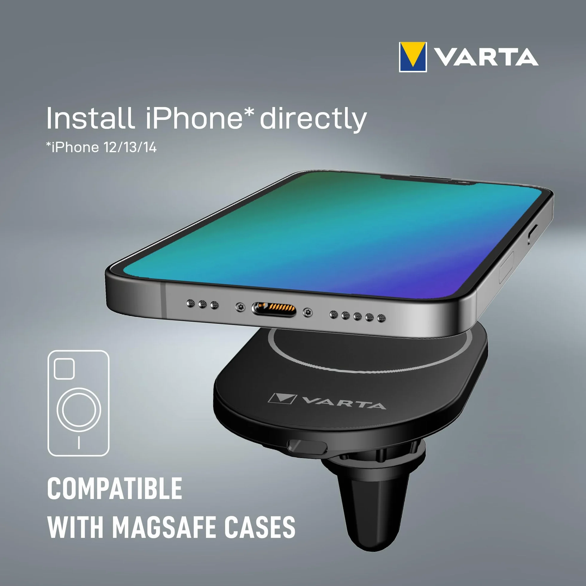 VARTA Mag Pro bezprzewodowa ładowarka samochodowa 15 W (uchwyt na smartfon i bezprzewodowa ładowarka w jednym, kompatybilna z MagSafe, kompatybilna z Qi) z uchwytem samochodowym i kablem USB typu C