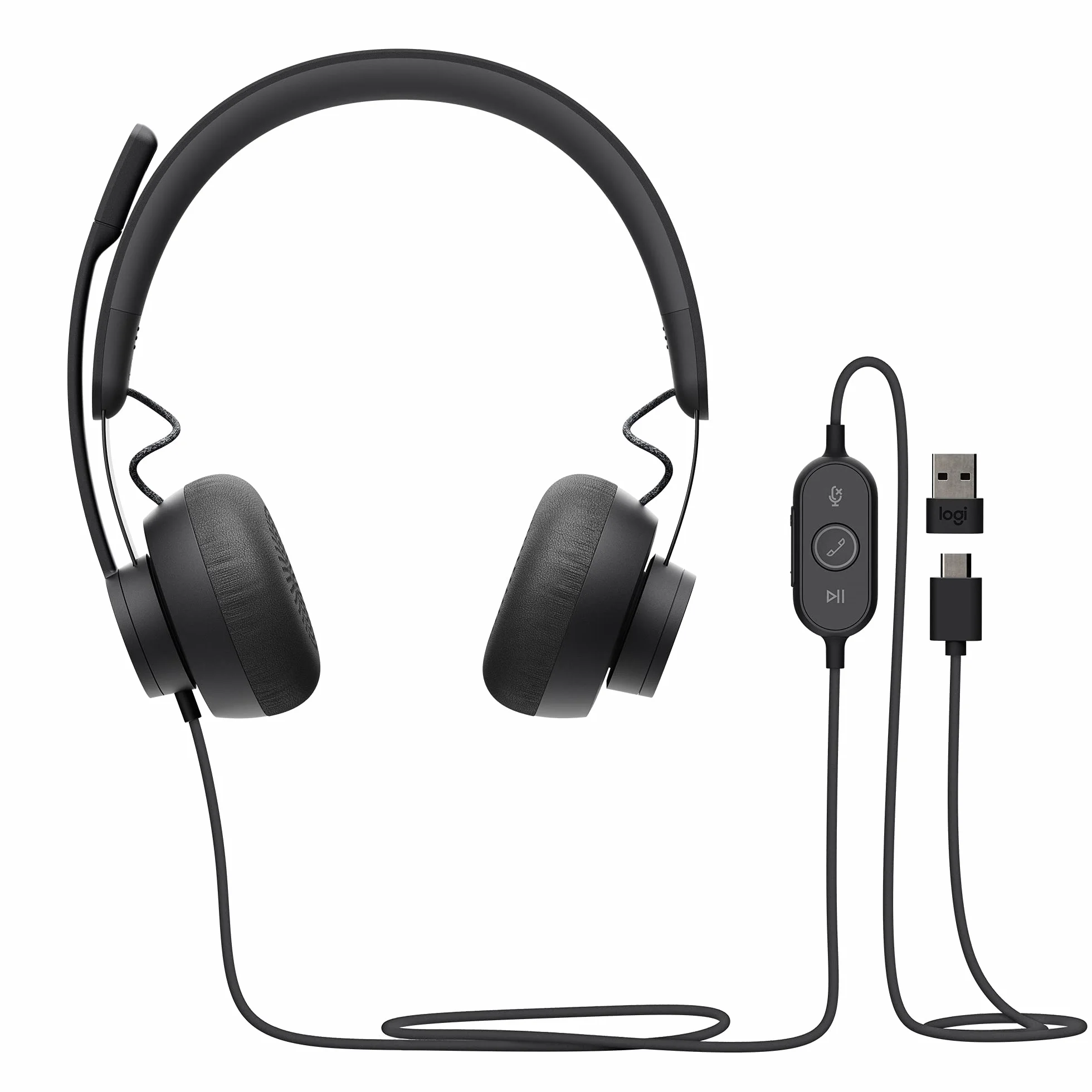 Logitech Zone 750 Przewodowy zestaw słuchawkowy z mikrofonem | Z redukcją hałasu, złączem USB-C i adapterem USB-A, kompatybilność typu plug-and-play dla wszystkich urządzeń - Szary