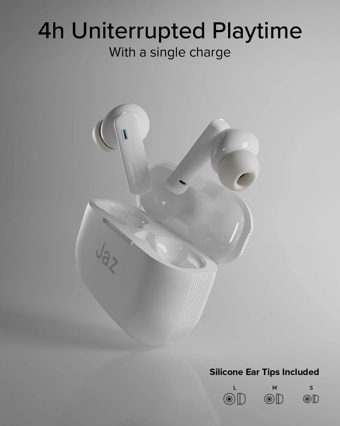 JAZ Maks - Słuchawki douszne In-Ear True Wireless Stereo, Aktywna Redukcja Szumów, Etui Ładujące, Mikrofon HD, Sterowanie Dotykowe, Do Smartfonów, Tabletów, Laptopów, 24h Odtwarzania