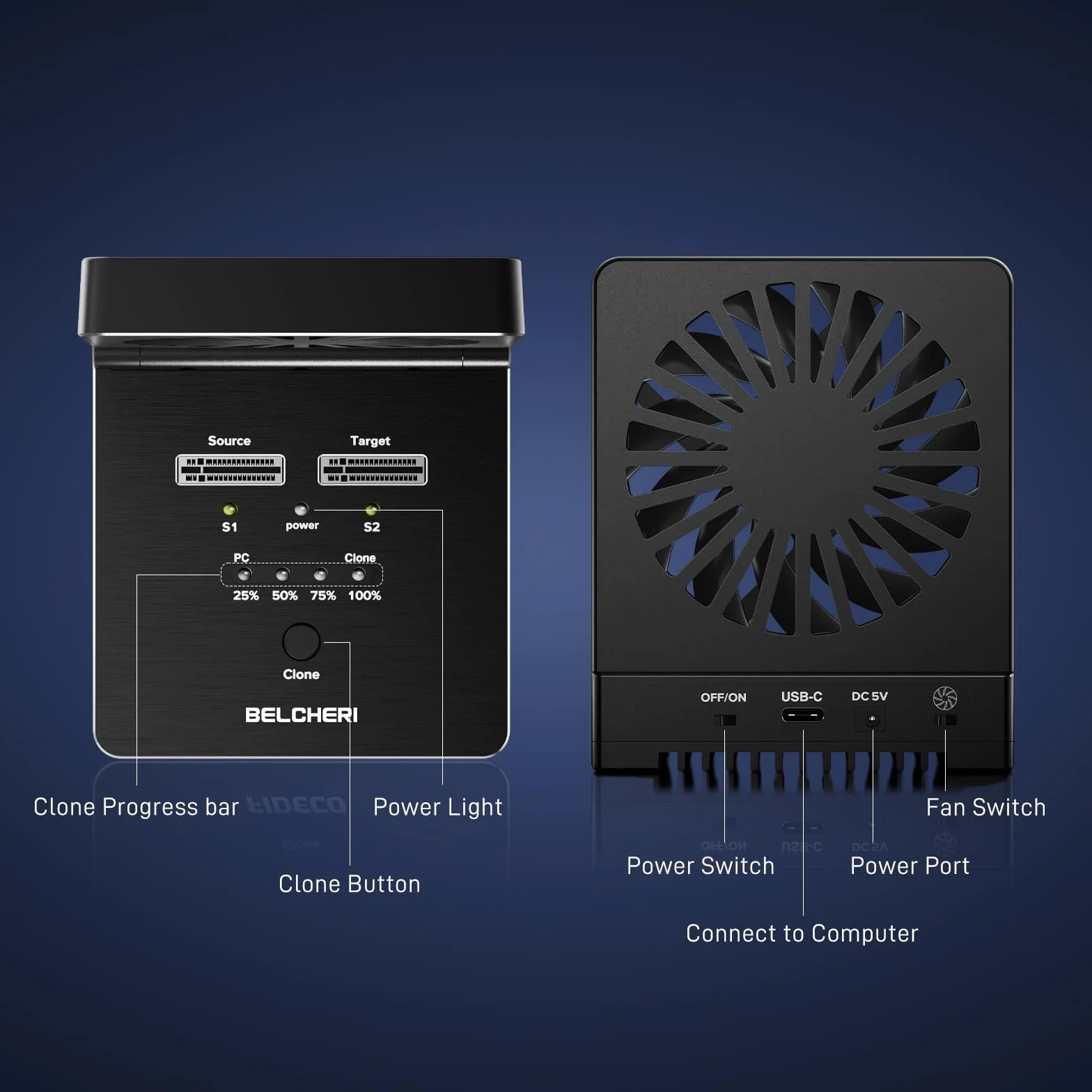 M.2 NVMe SATA SSD Cloner Dock, USB 3.2 Gen 2 20 Gbit/s, ze składanym wentylatorem chłodzącym, obsługuje klonowanie offline, UASP i Trim, aluminiowa konstrukcja