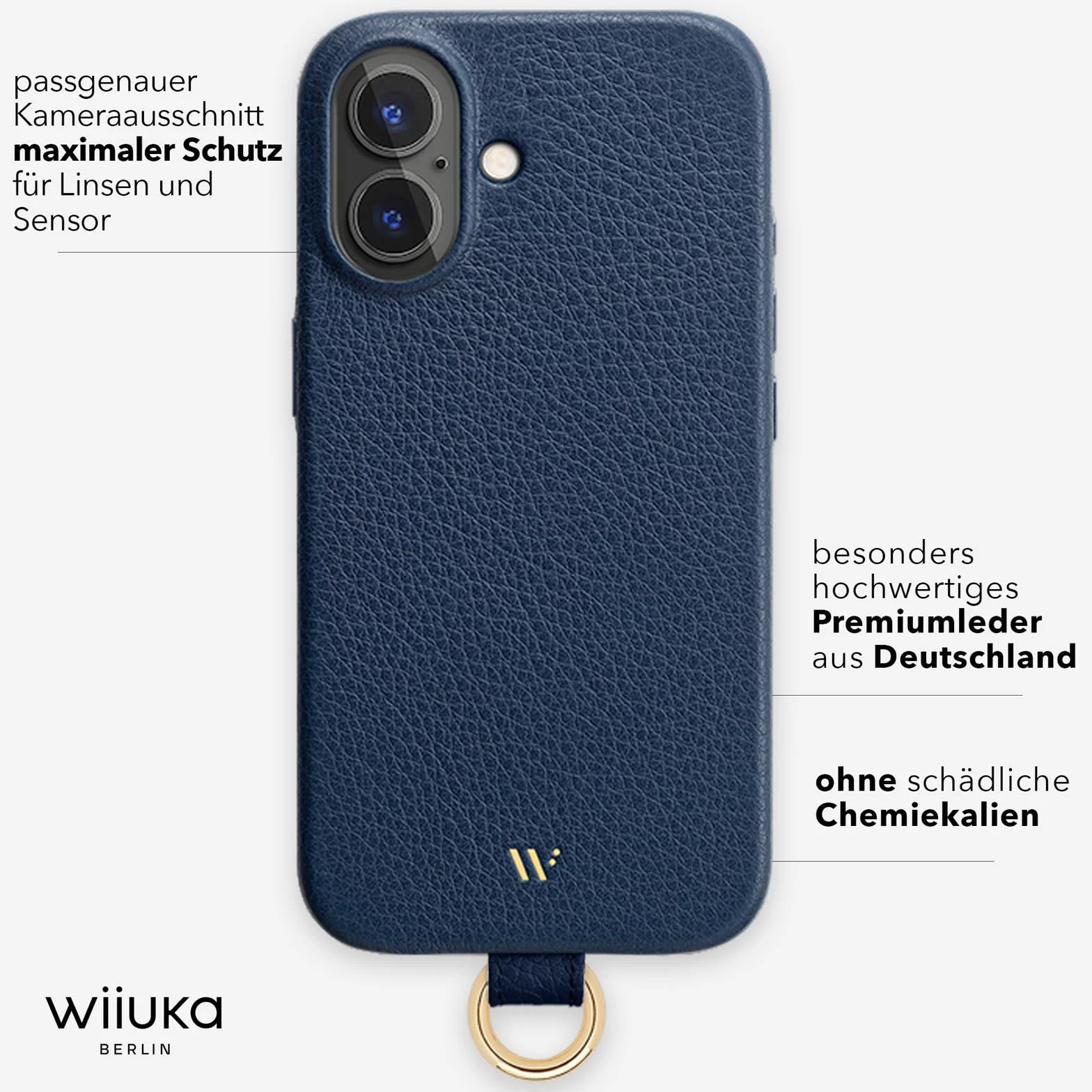 WIIUKA Etui do iPhone 17, skórzane etui z Niemiec, skórzane etui na telefon komórkowy, wysokiej jakości etui na telefon komórkowy, etui, łańcuszek, pętla narciarska, ciemnoniebieskie niebieskie