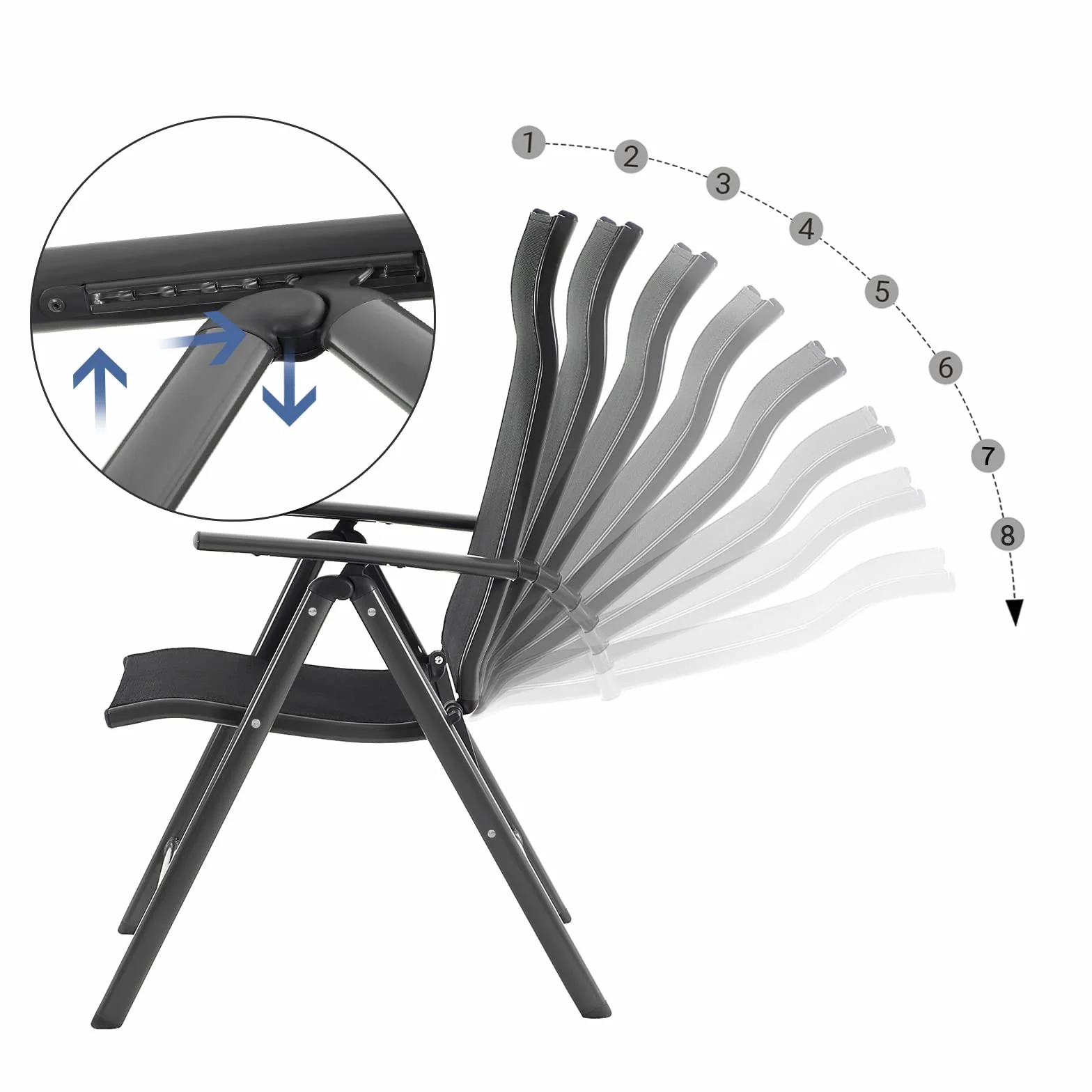 SONGMICS Krzesła ogrodowe, zestaw 4 sztuk, krzesła składane, krzesła outdoorowe z wytrzymałym stelażem aluminiowym, 8-stopniowa regulacja, obciążenie do 120 kg, czarne GCB30BK