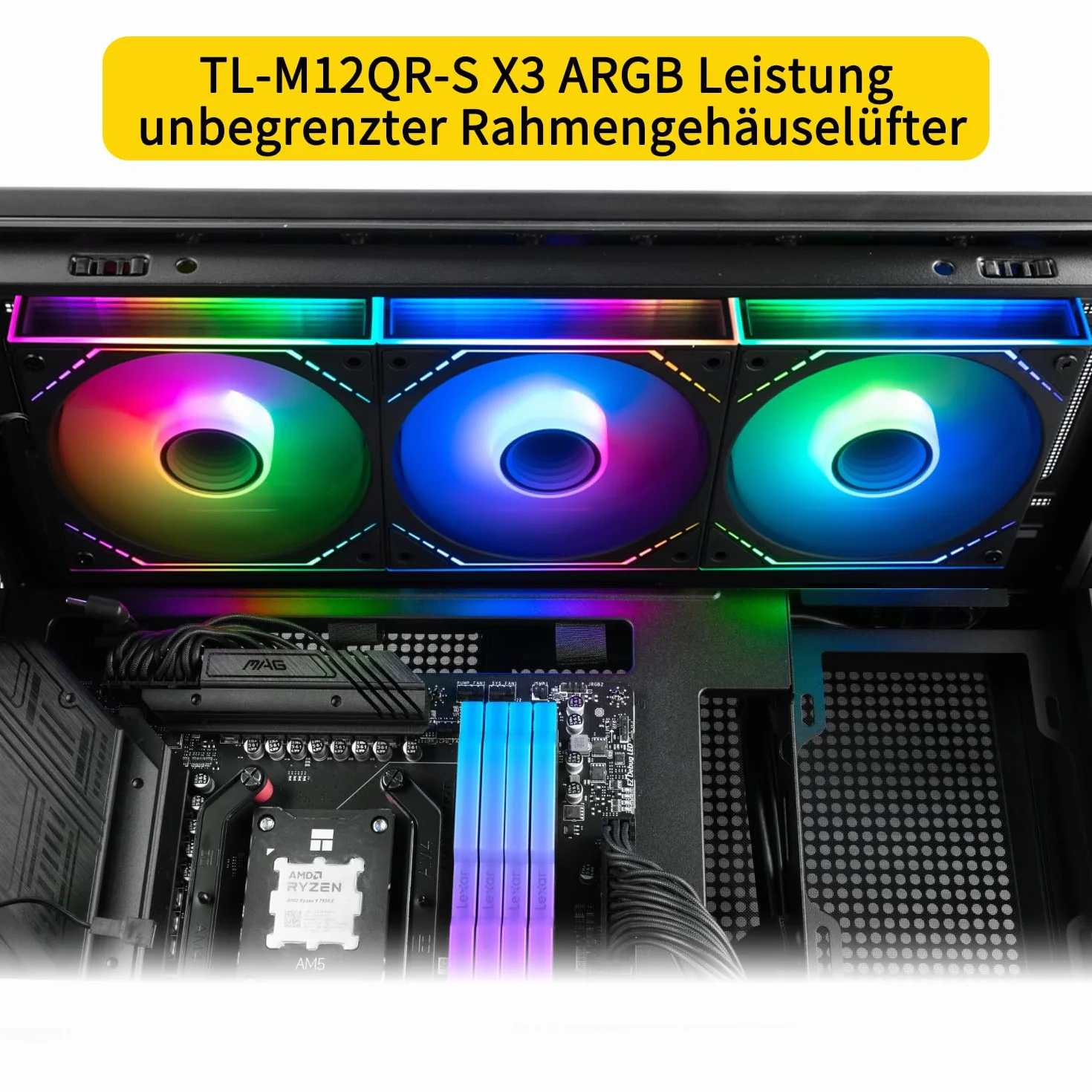 TR TL-M12QR-S X3 wentylator do obudowy, bezprzewodowe połączenie, chłodzenie procesora z efektem lustrzanym ARGB, ciche chłodzenie z prędkością 1500 obr./min, wentylator chłodnicy procesora (120 mm